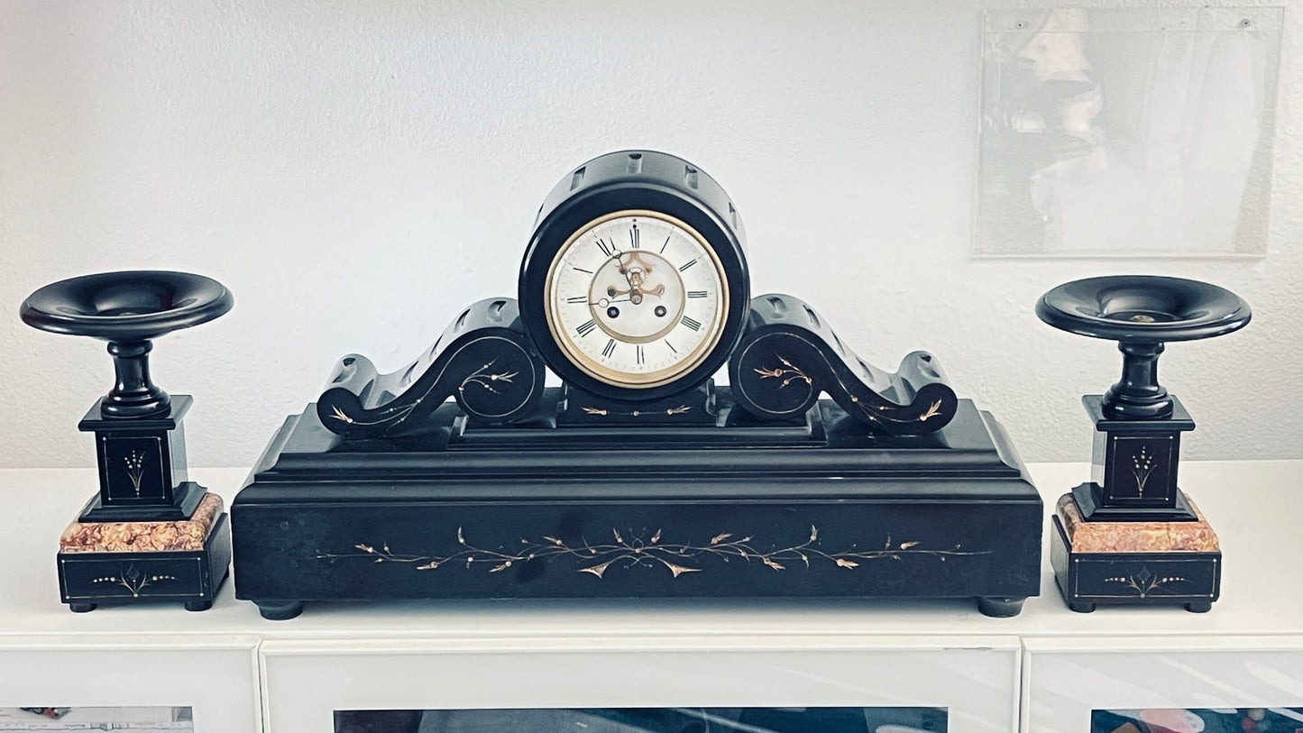 Antique Brocot & Delettrez Style Victorian 8 Day Black Slate Clock Set