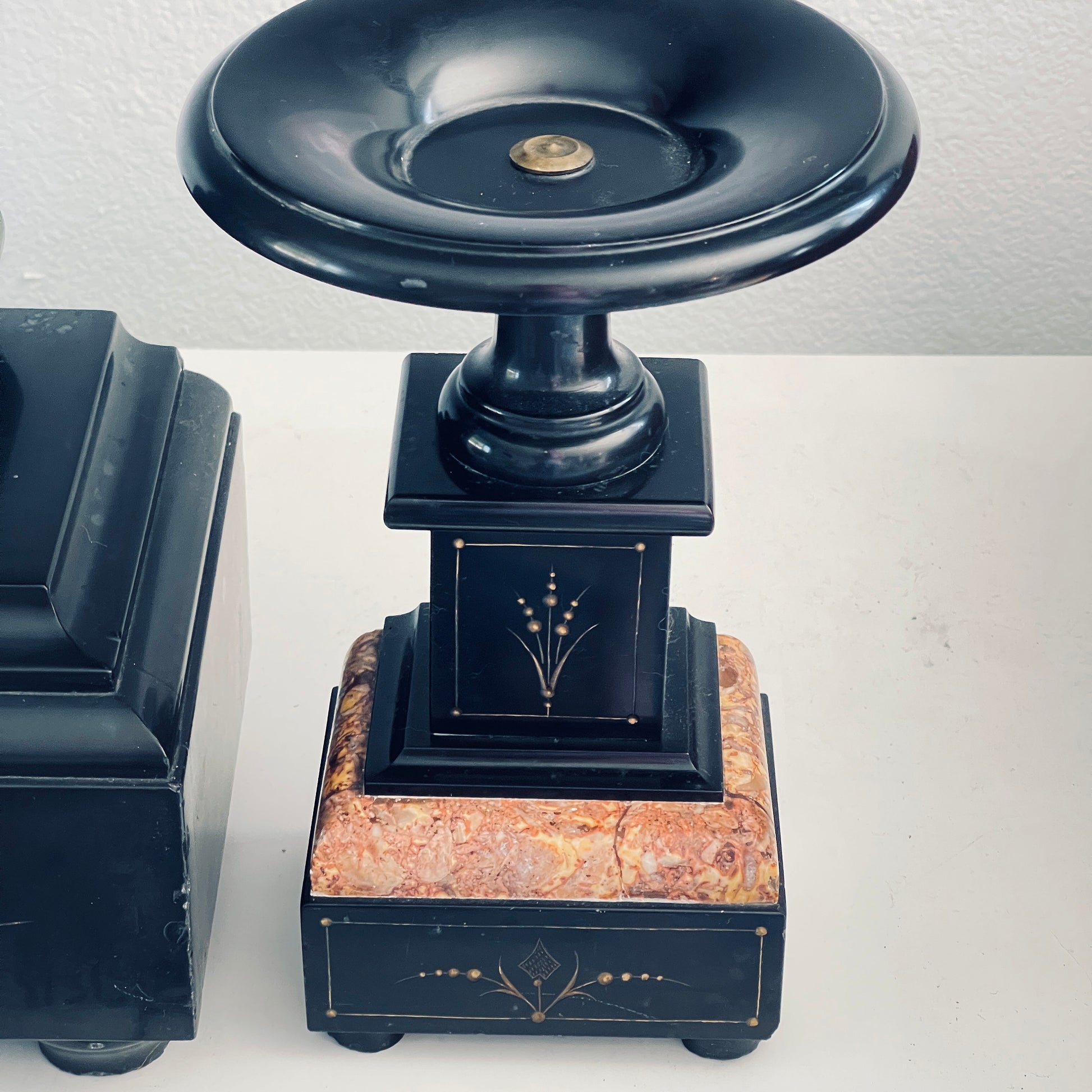 Antique Brocot & Delettrez Style Victorian 8 Day Black Slate Clock Set