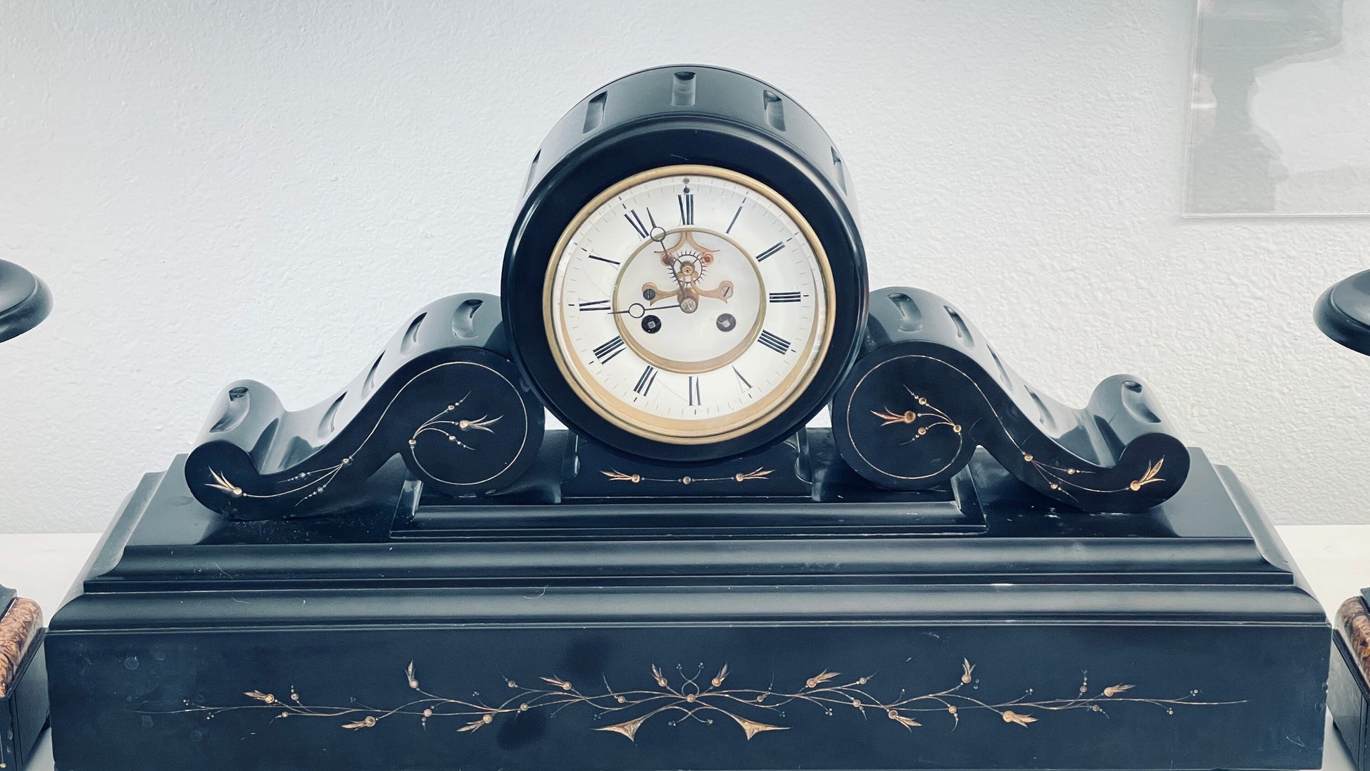 Antique Brocot & Delettrez Style Victorian 8 Day Black Slate Clock Set