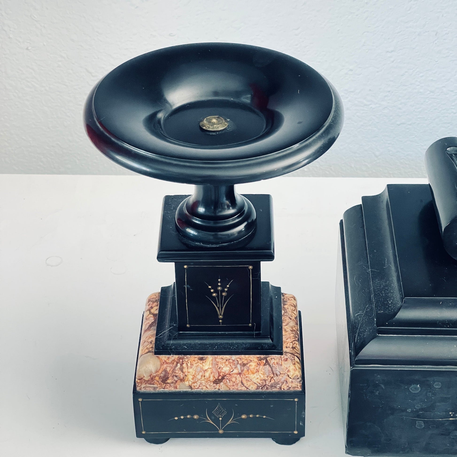 Antique Brocot & Delettrez Style Victorian 8 Day Black Slate Clock Set