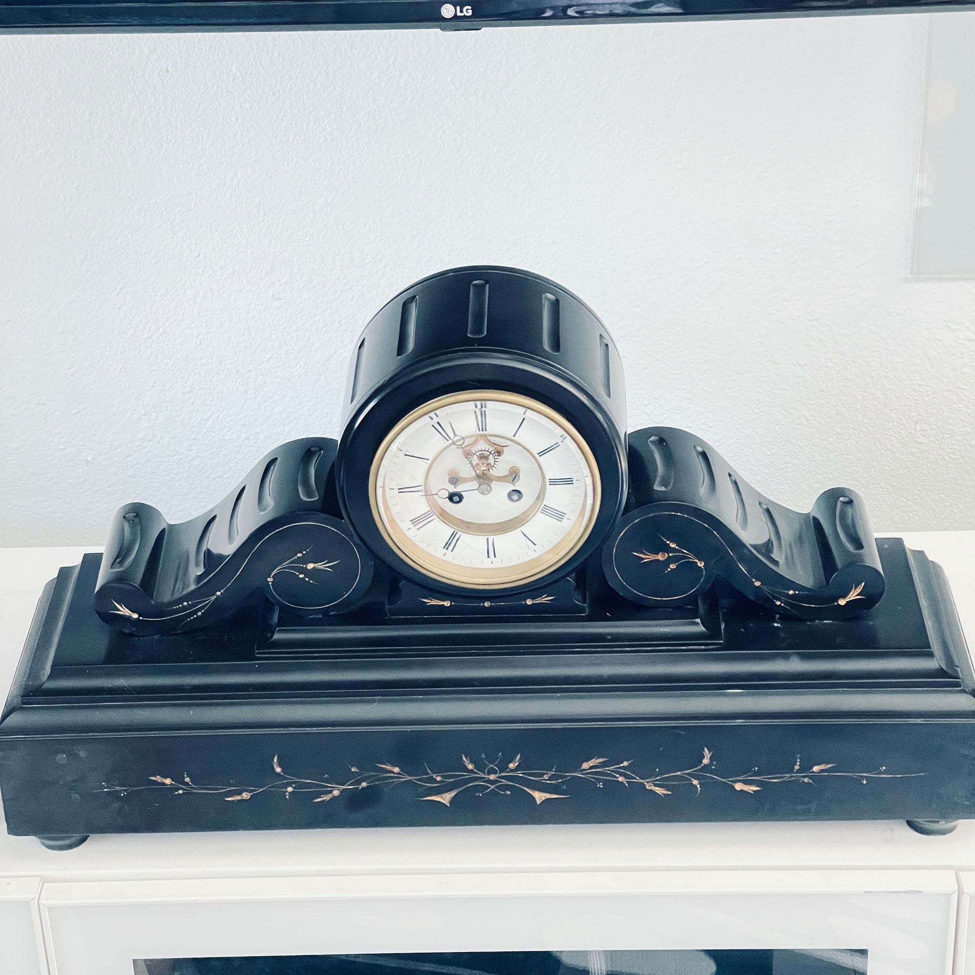 Antique Brocot & Delettrez Style Victorian 8 Day Black Slate Clock Set