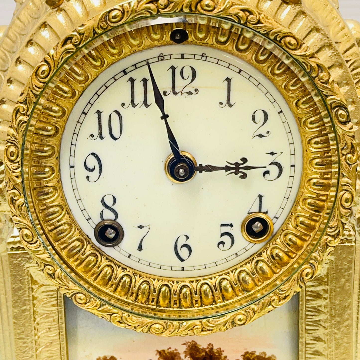 Ansonia Ormolu and Royal Bonn German Hand-painted Ceramic Mantel Clock, Late 19th Century