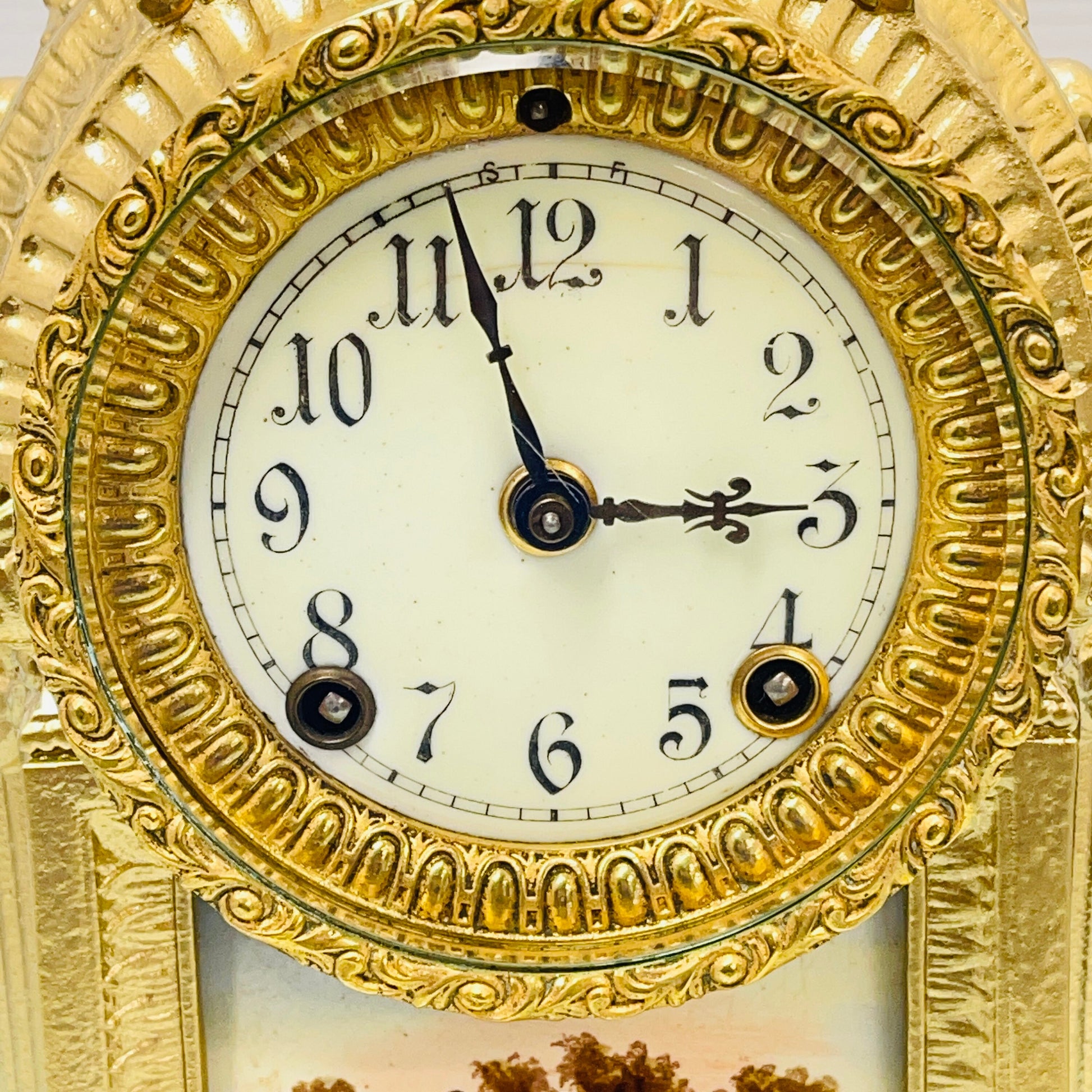 Ansonia Ormolu and Royal Bonn German Hand-painted Ceramic Mantel Clock, Late 19th Century