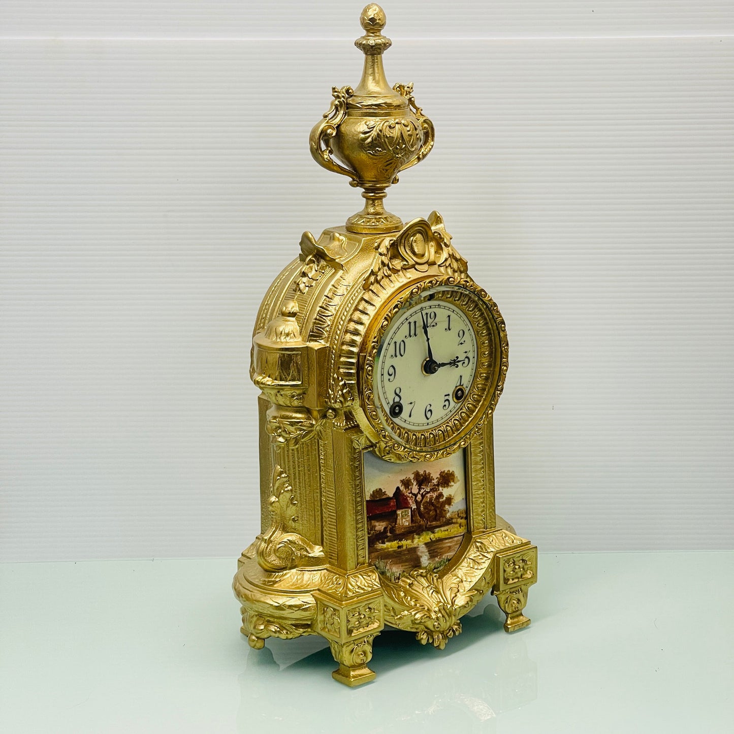 Ansonia Ormolu and Royal Bonn German Hand-painted Ceramic Mantel Clock, Late 19th Century