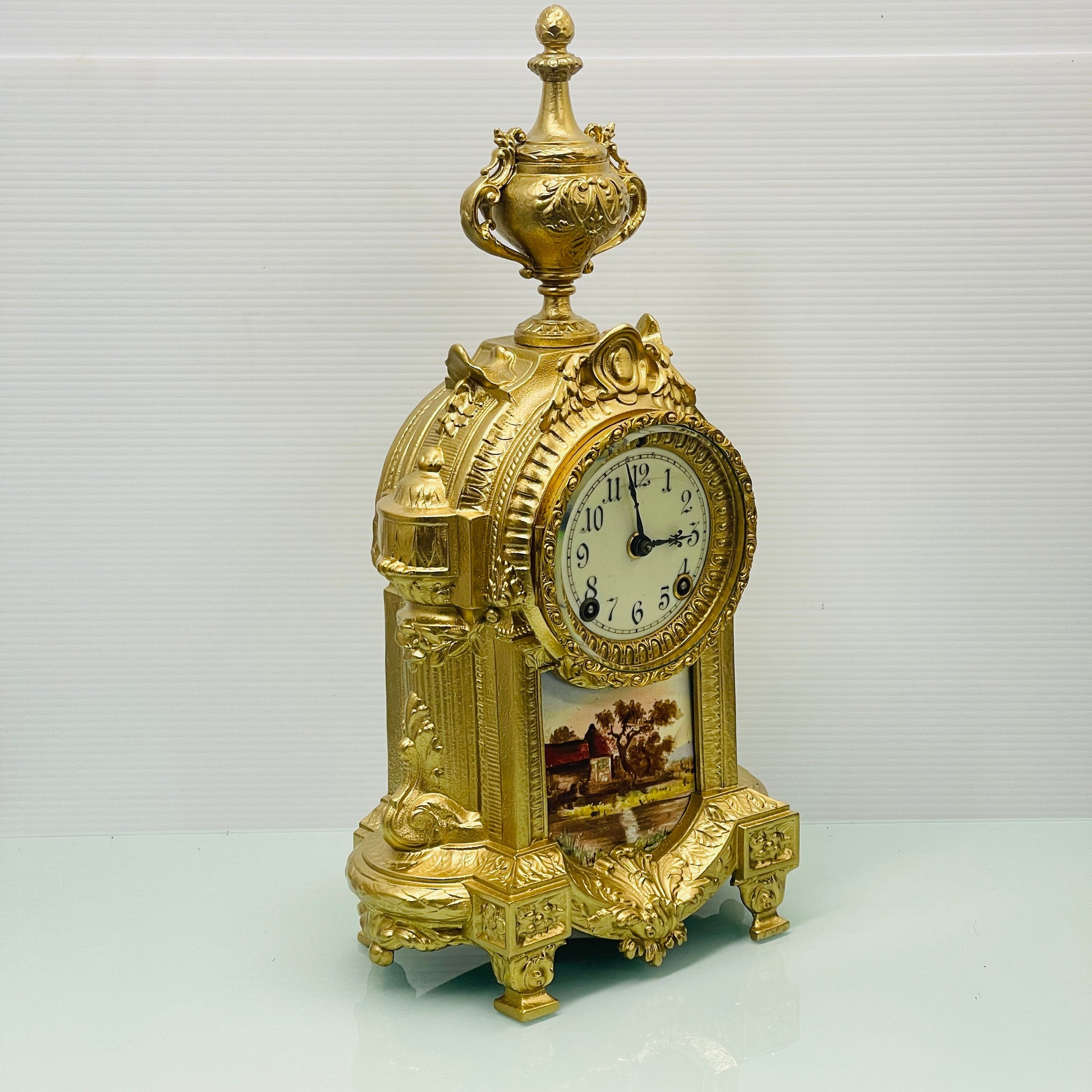 Ansonia Ormolu and Royal Bonn German Hand-painted Ceramic Mantel Clock, Late 19th Century