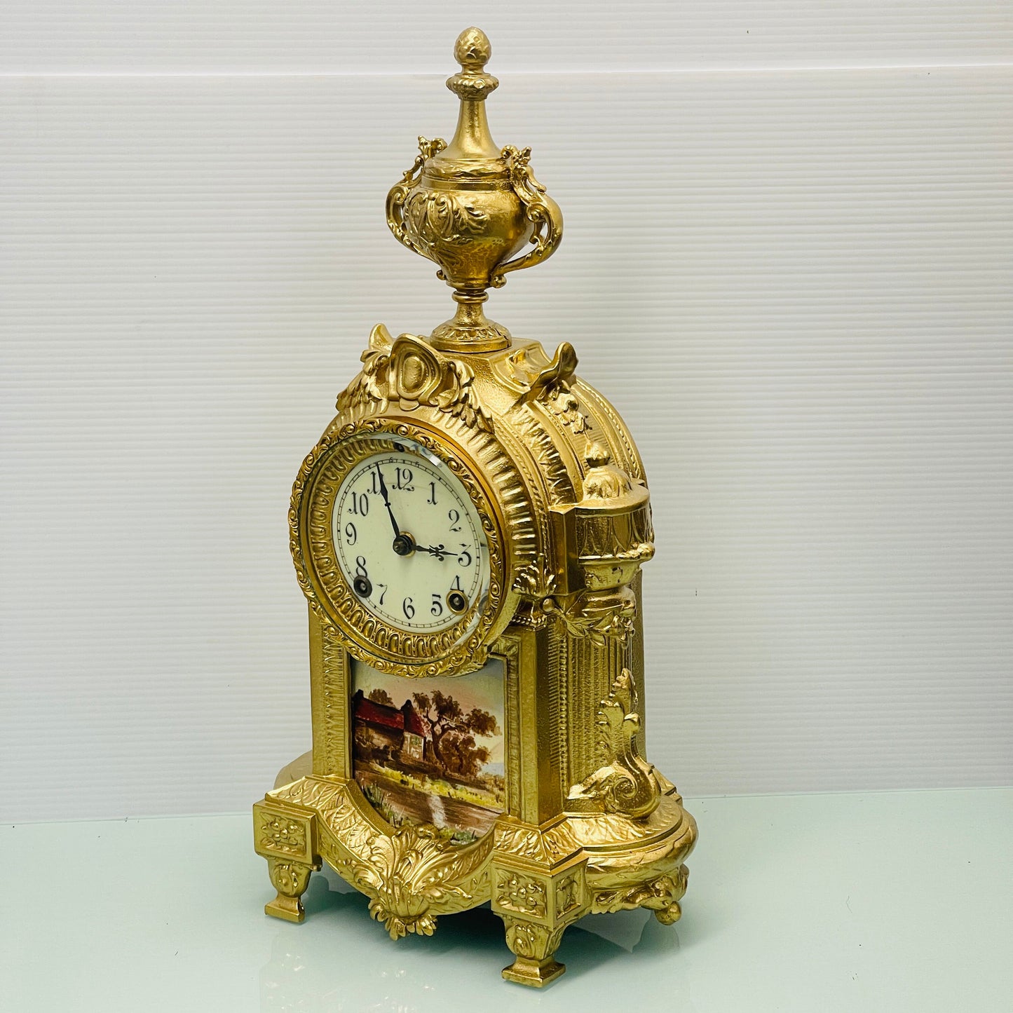 Ansonia Ormolu and Royal Bonn German Hand-painted Ceramic Mantel Clock, Late 19th Century
