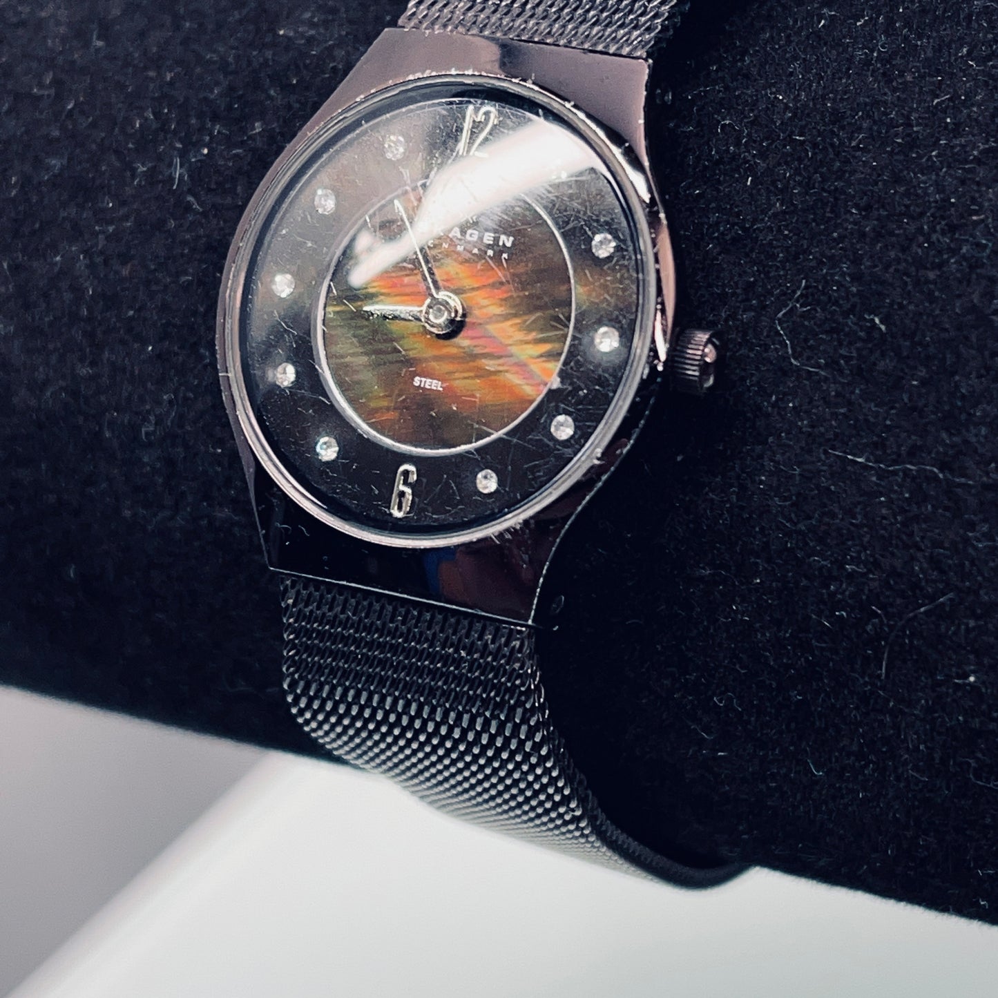 SKAGEN Black Steel Mesh Watch with black mother of pearl face
