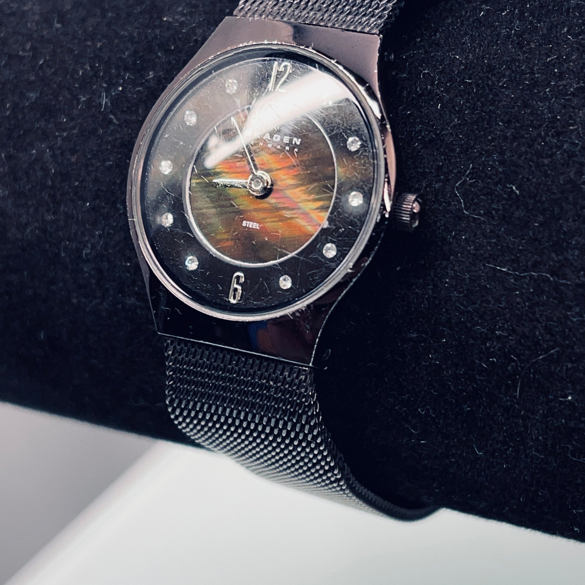 SKAGEN Black Steel Mesh Watch with black mother of pearl face