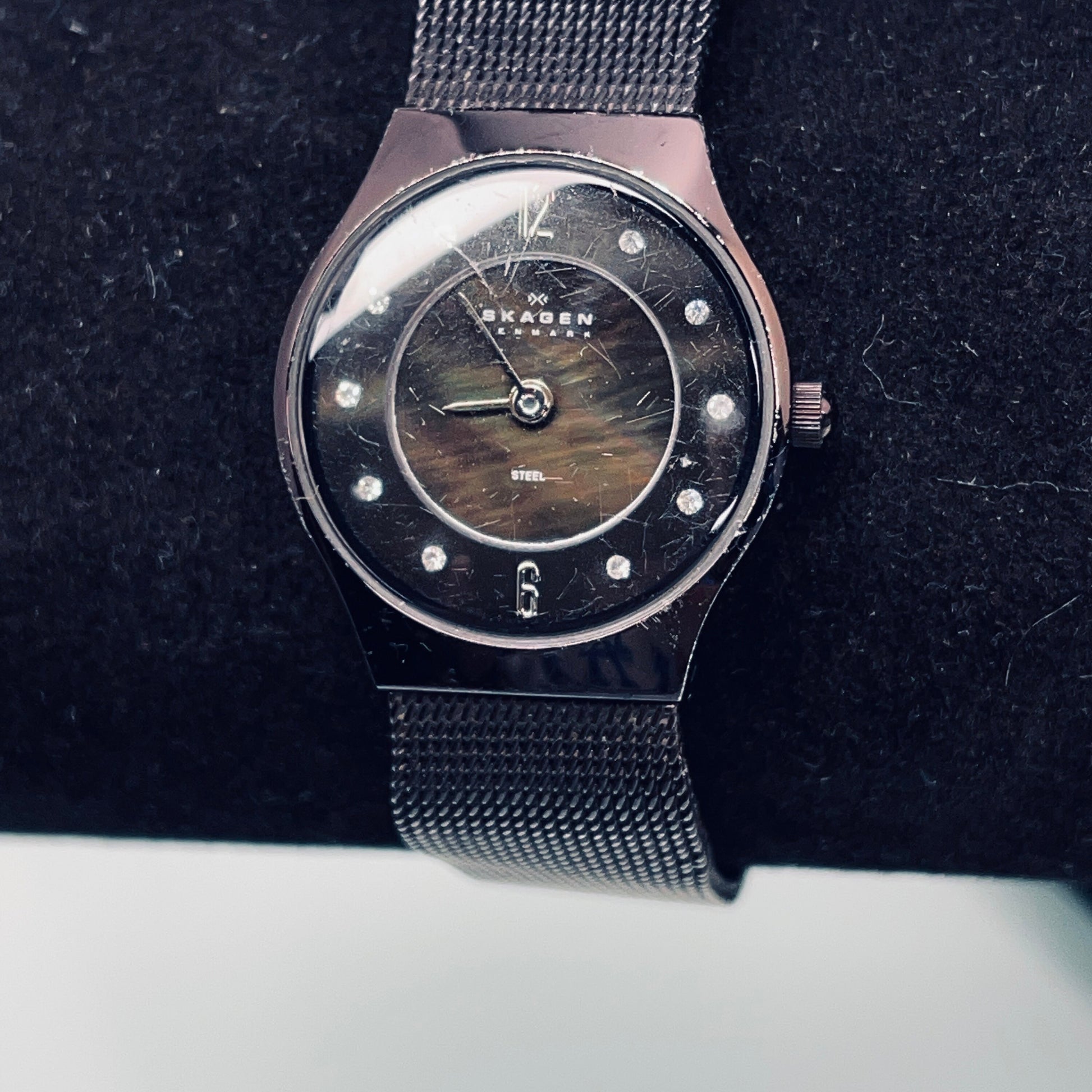 SKAGEN Black Steel Mesh Watch with black mother of pearl face