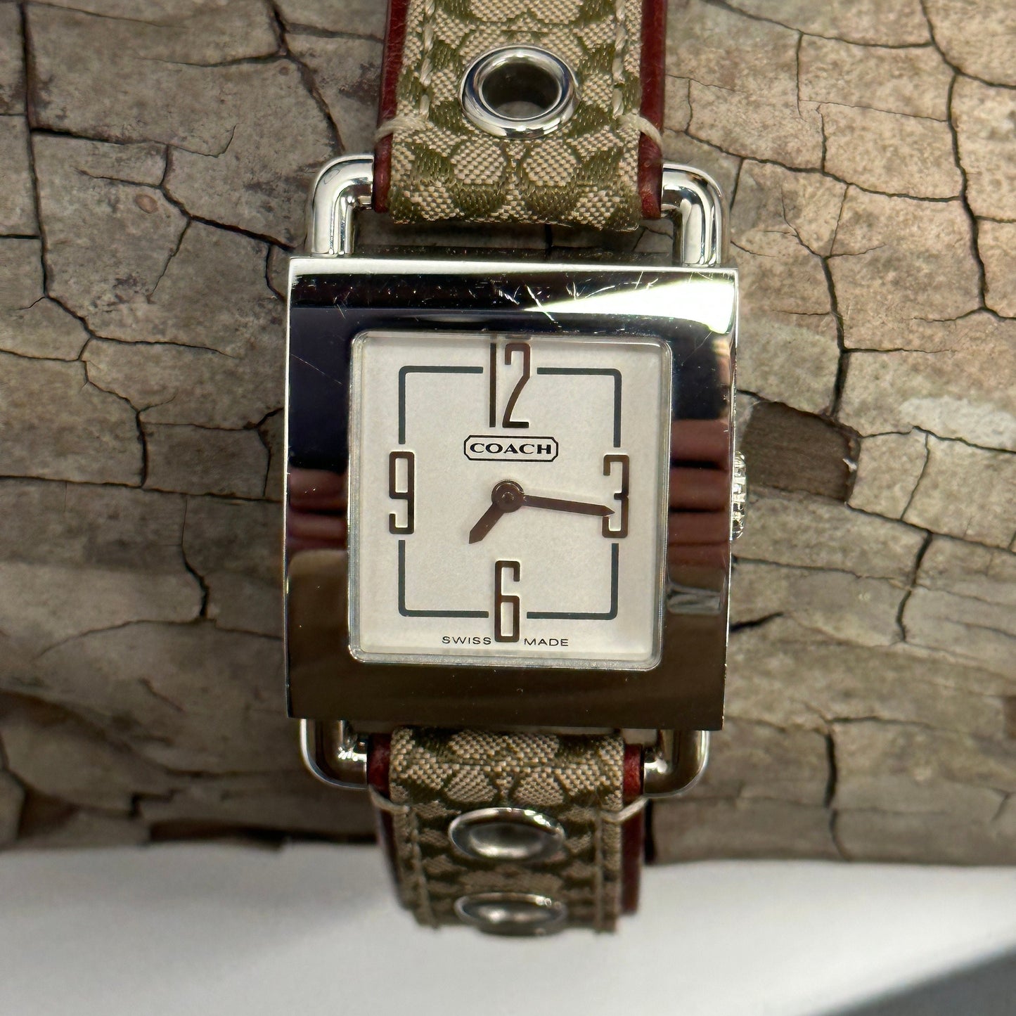 COACH 0221 Swiss Quartz Womens Stainless Tank Watch~Signature Canvas band in Box