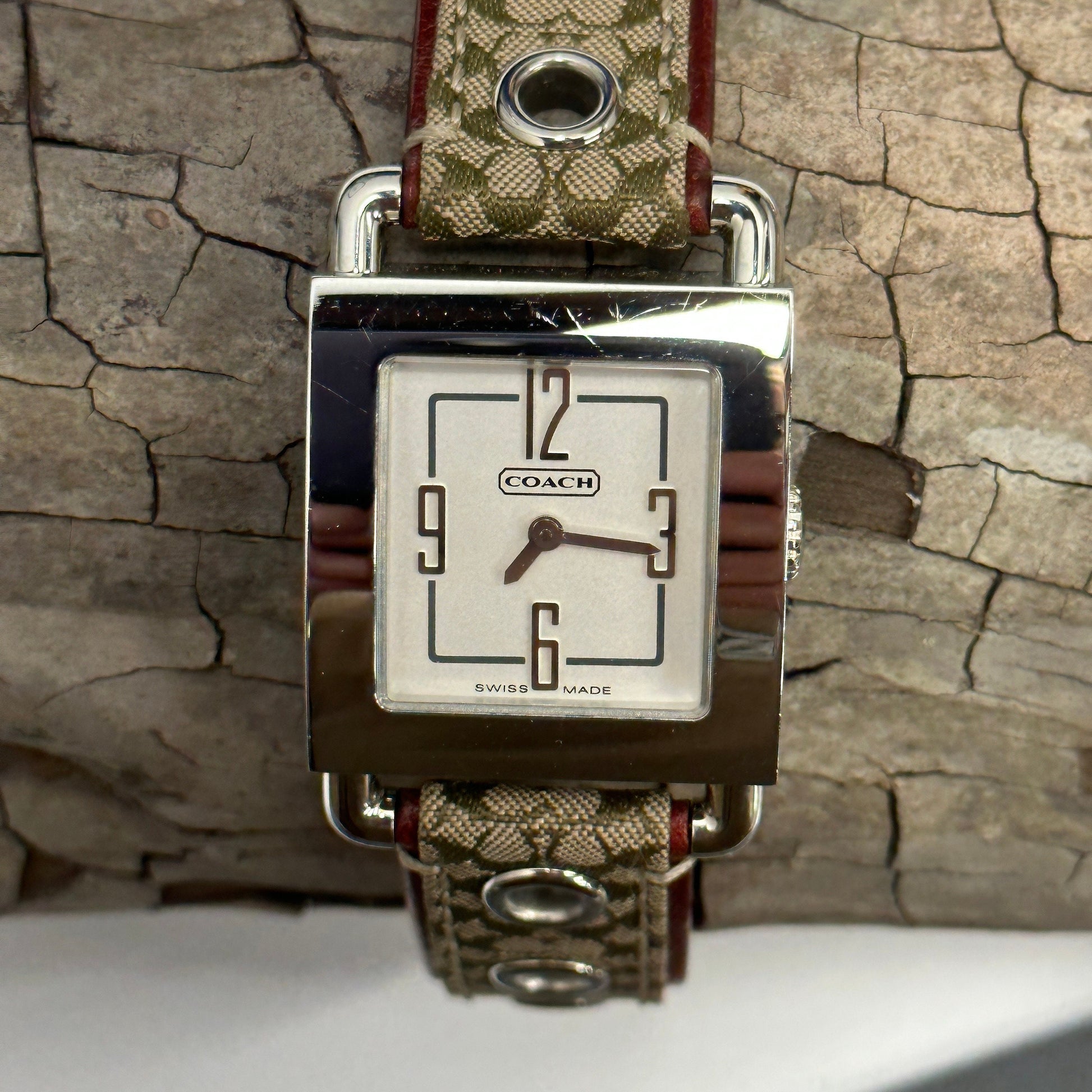 COACH 0221 Swiss Quartz Womens Stainless Tank Watch~Signature Canvas band in Box