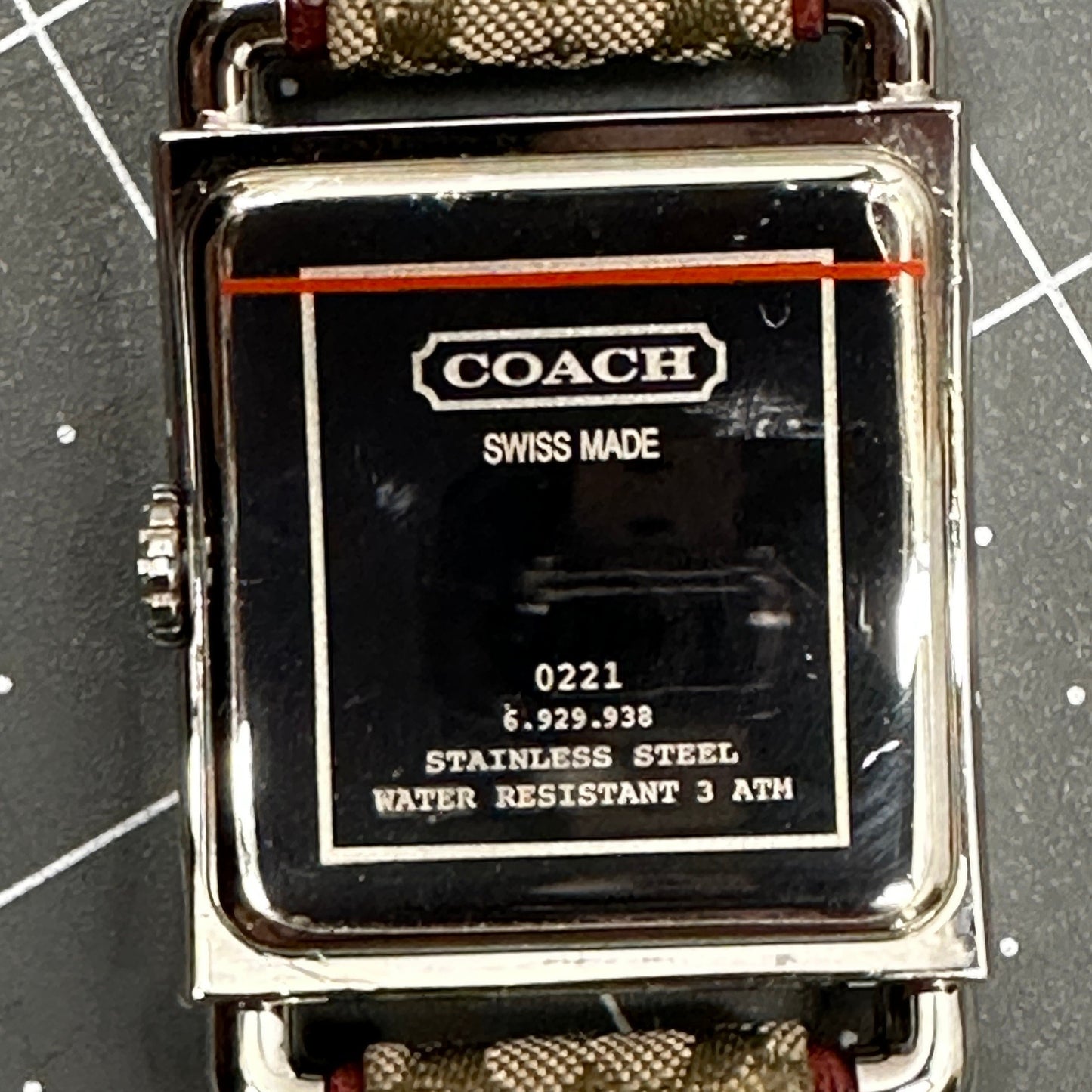 COACH 0221 Swiss Quartz Womens Stainless Tank Watch~Signature Canvas band in Box