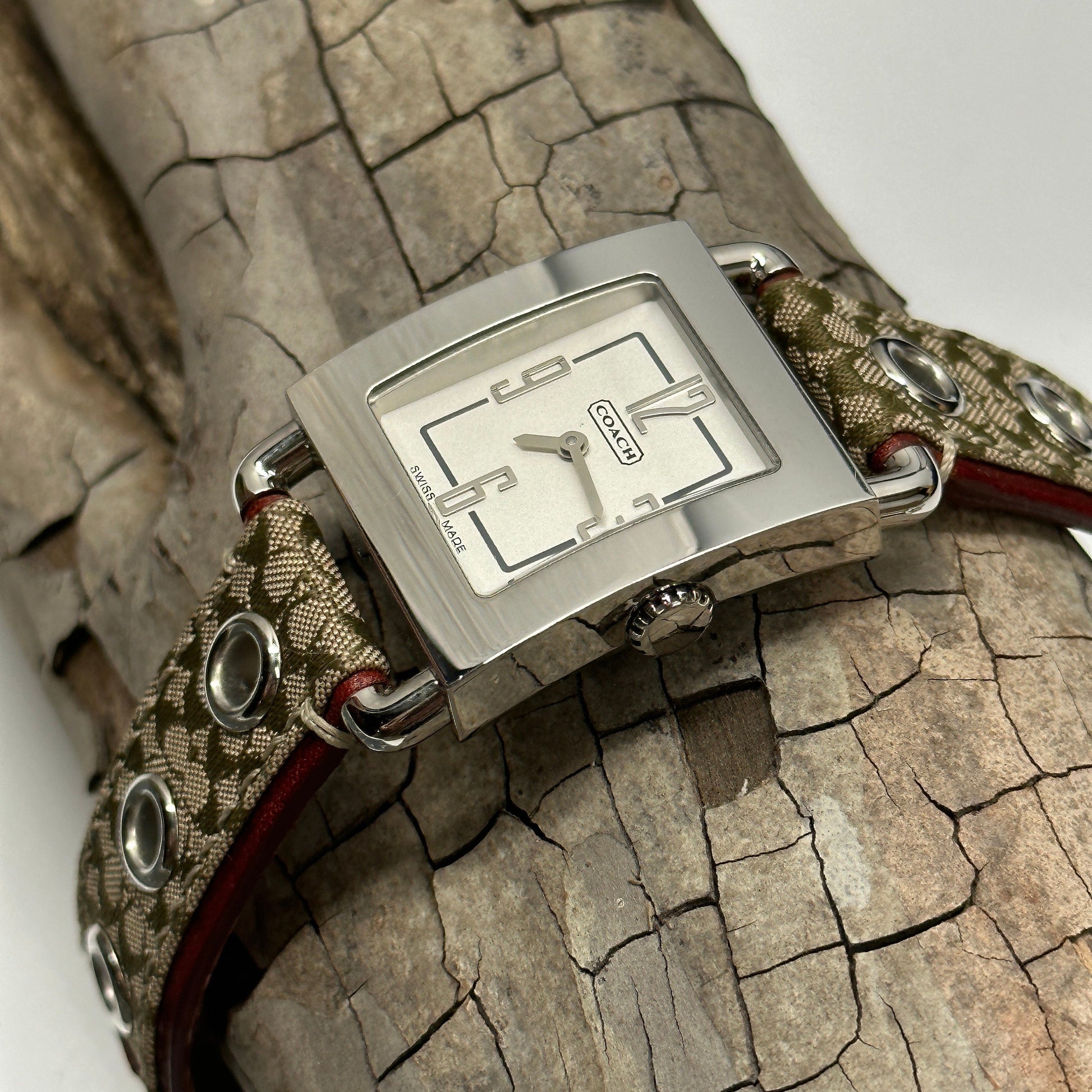 COACH 0221 Swiss Quartz Womens Stainless Tank Watch~Signature Canvas band in Box