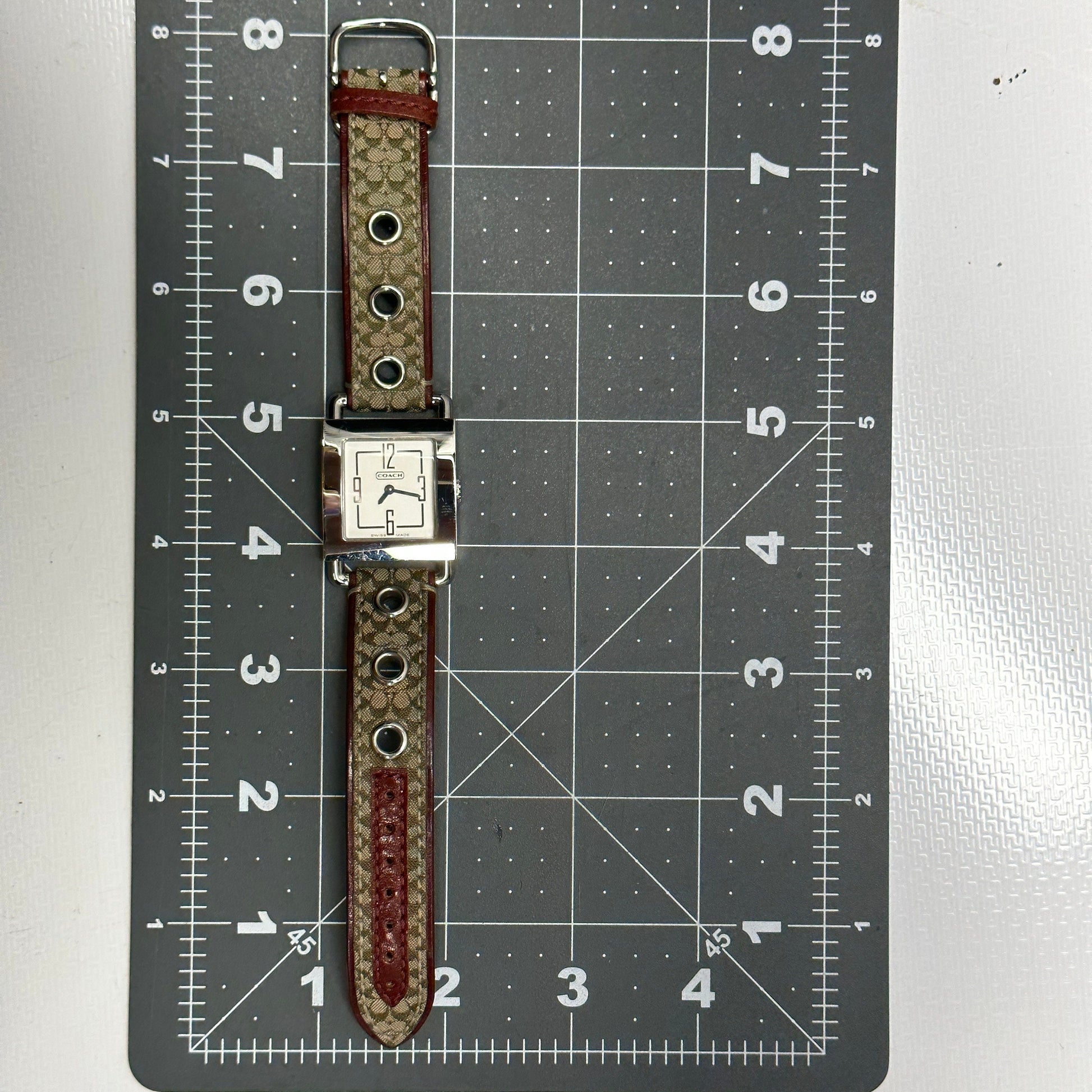 COACH 0221 Swiss Quartz Womens Stainless Tank Watch~Signature Canvas band in Box