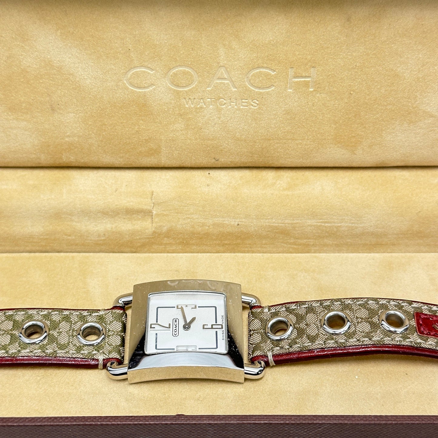 COACH 0221 Swiss Quartz Womens Stainless Tank Watch~Signature Canvas band in Box