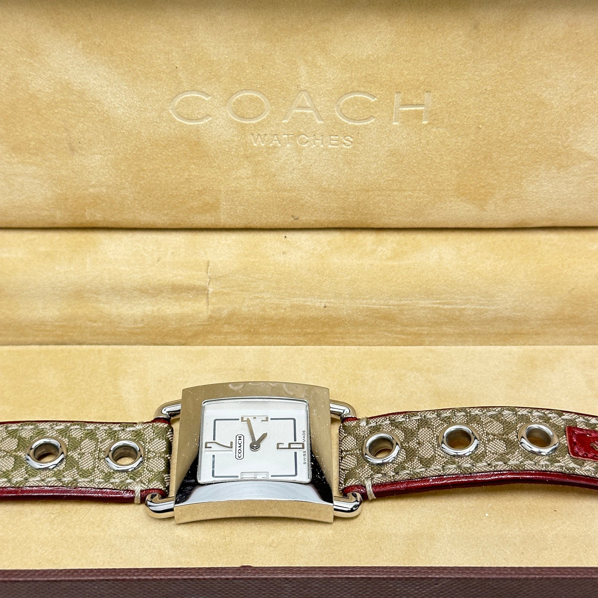 COACH 0221 Swiss Quartz Womens Stainless Tank Watch~Signature Canvas band in Box