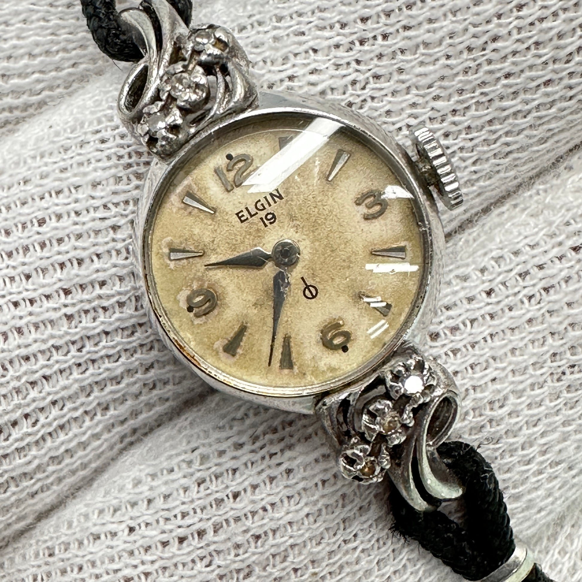 Antique Ladies Elgin Cocktail 10k White Gold Plated Watch with Diamonds