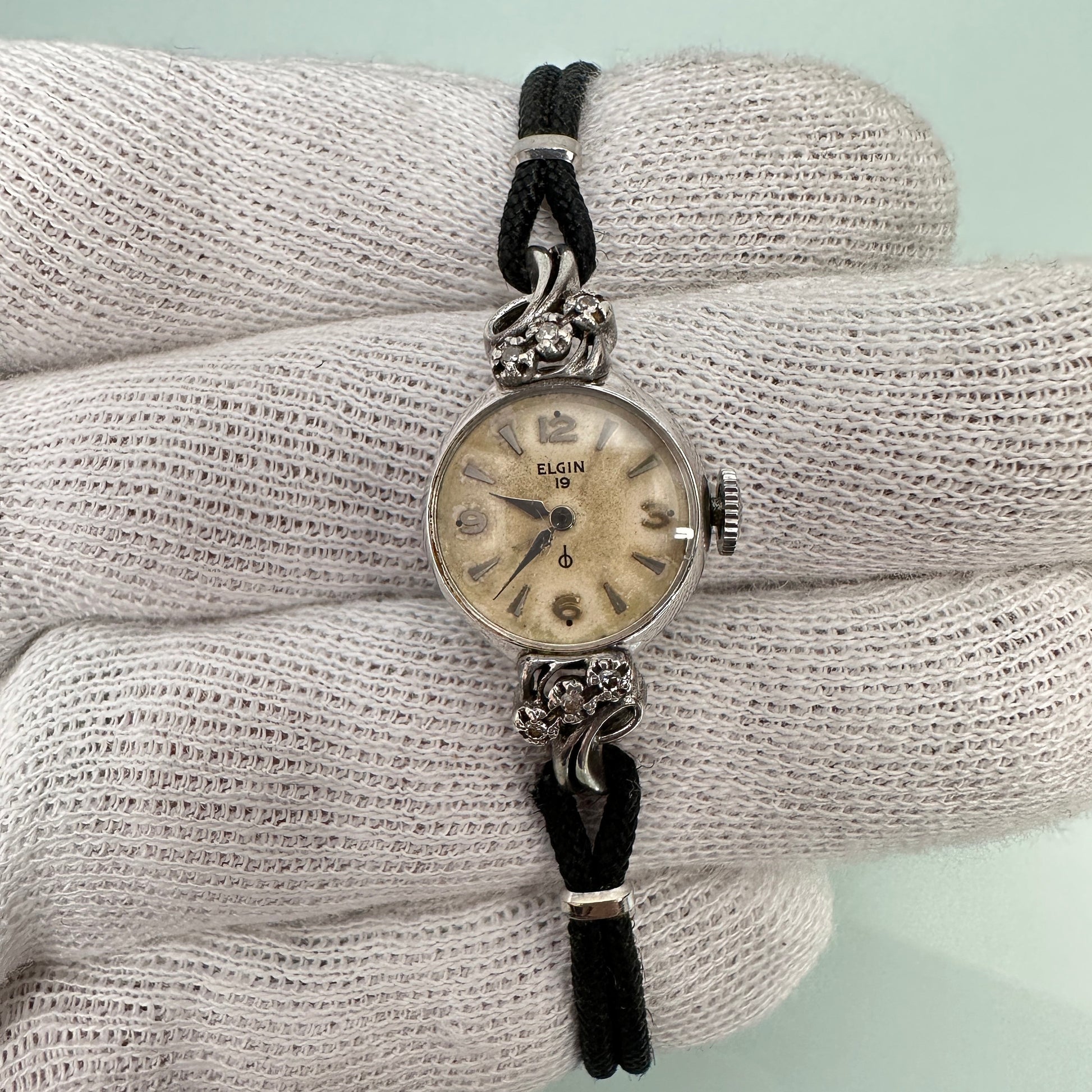 Antique Ladies Elgin Cocktail 10k White Gold Plated Watch with Diamonds