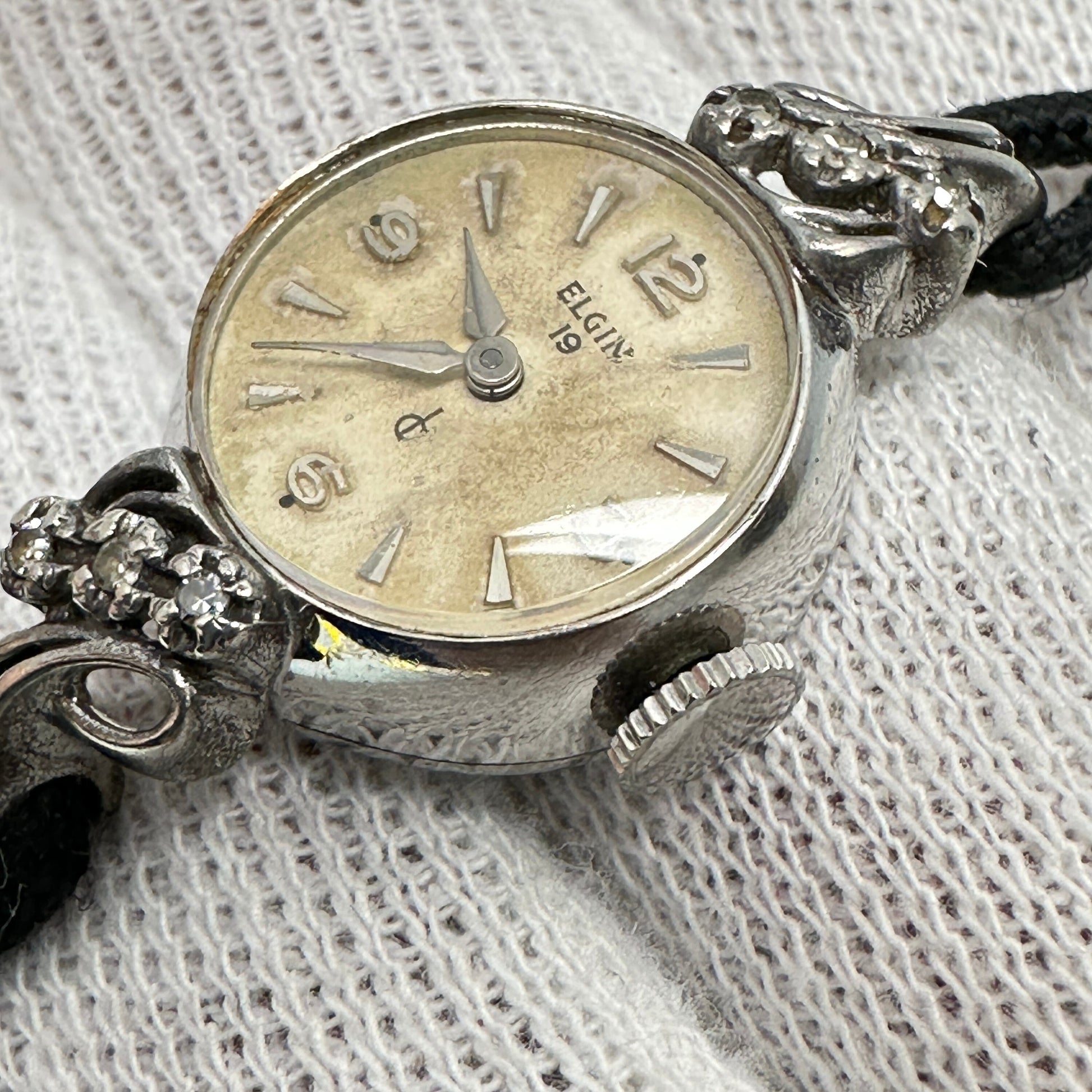 Antique Ladies Elgin Cocktail 10k White Gold Plated Watch with Diamonds