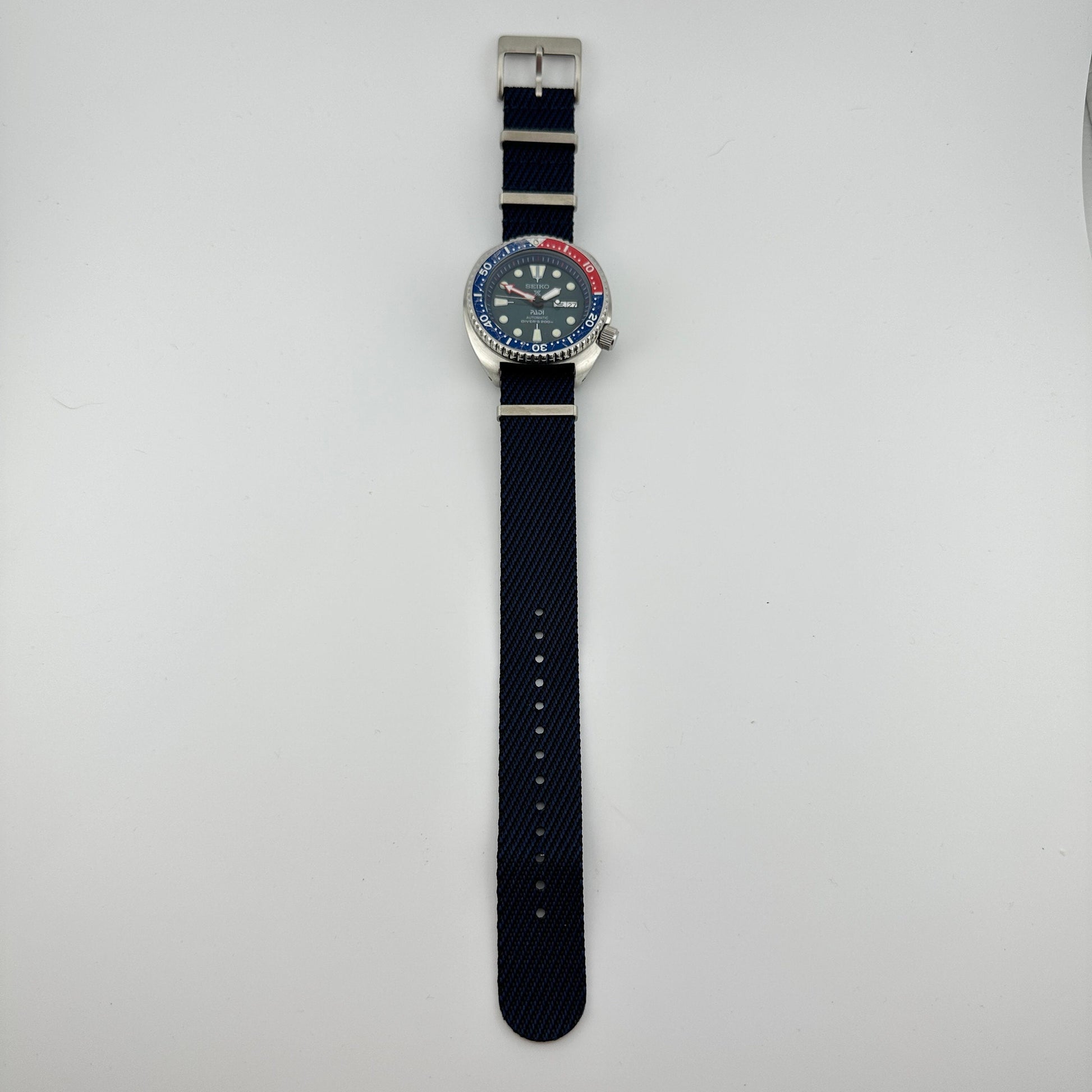 Seiko Prospex PADI Air Diver 200m Automatic JDM Watch with Custom Navy Blue NATO strap