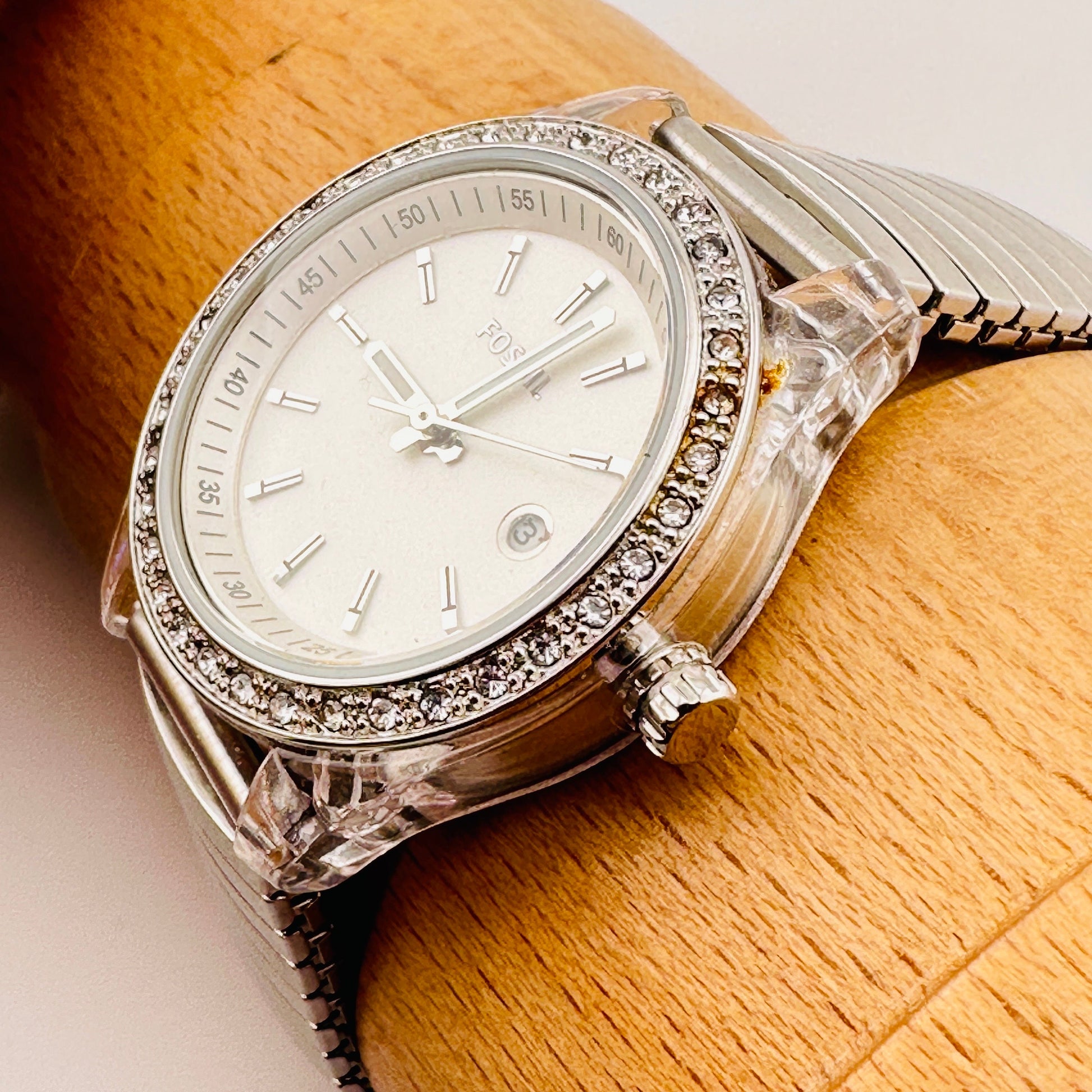 Fossil Watch with Rhinestone bezel, Clear Case and Stainless Steel Strap