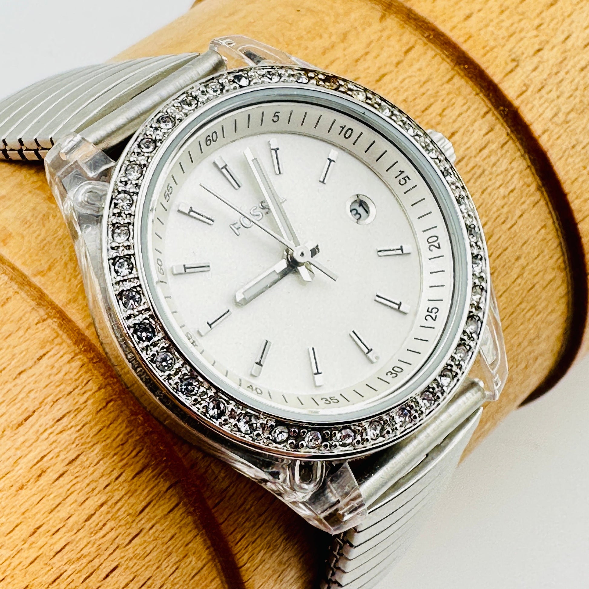 Fossil Watch with Rhinestone bezel, Clear Case and Stainless Steel Strap