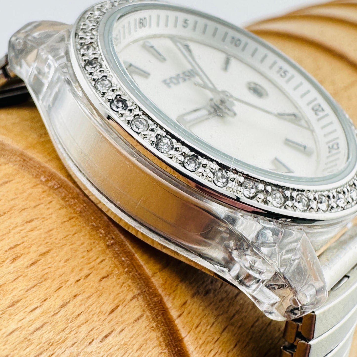 Fossil Watch with Rhinestone bezel, Clear Case and Stainless Steel Strap