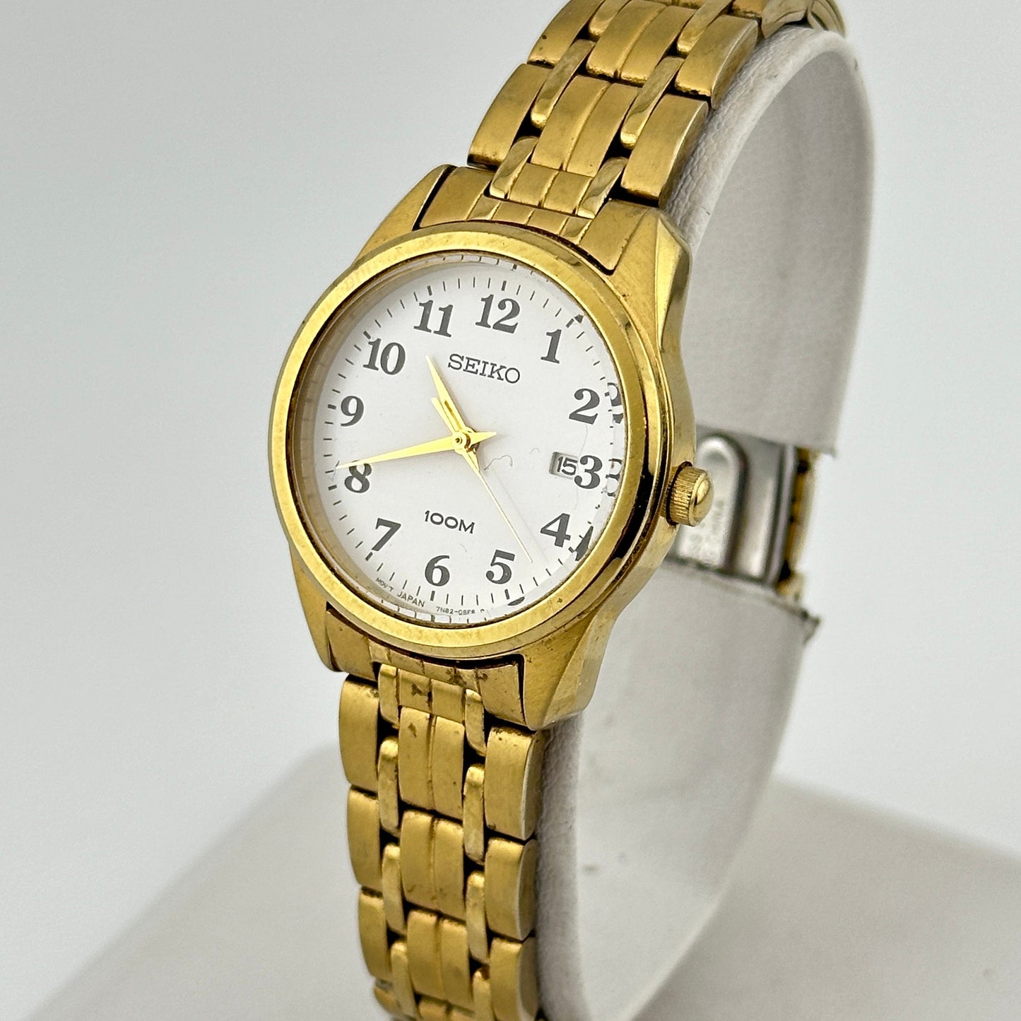 Seiko 100M Gold Tone White Dial Ladies 28mm Quartz Wristwatch c. March 2002
