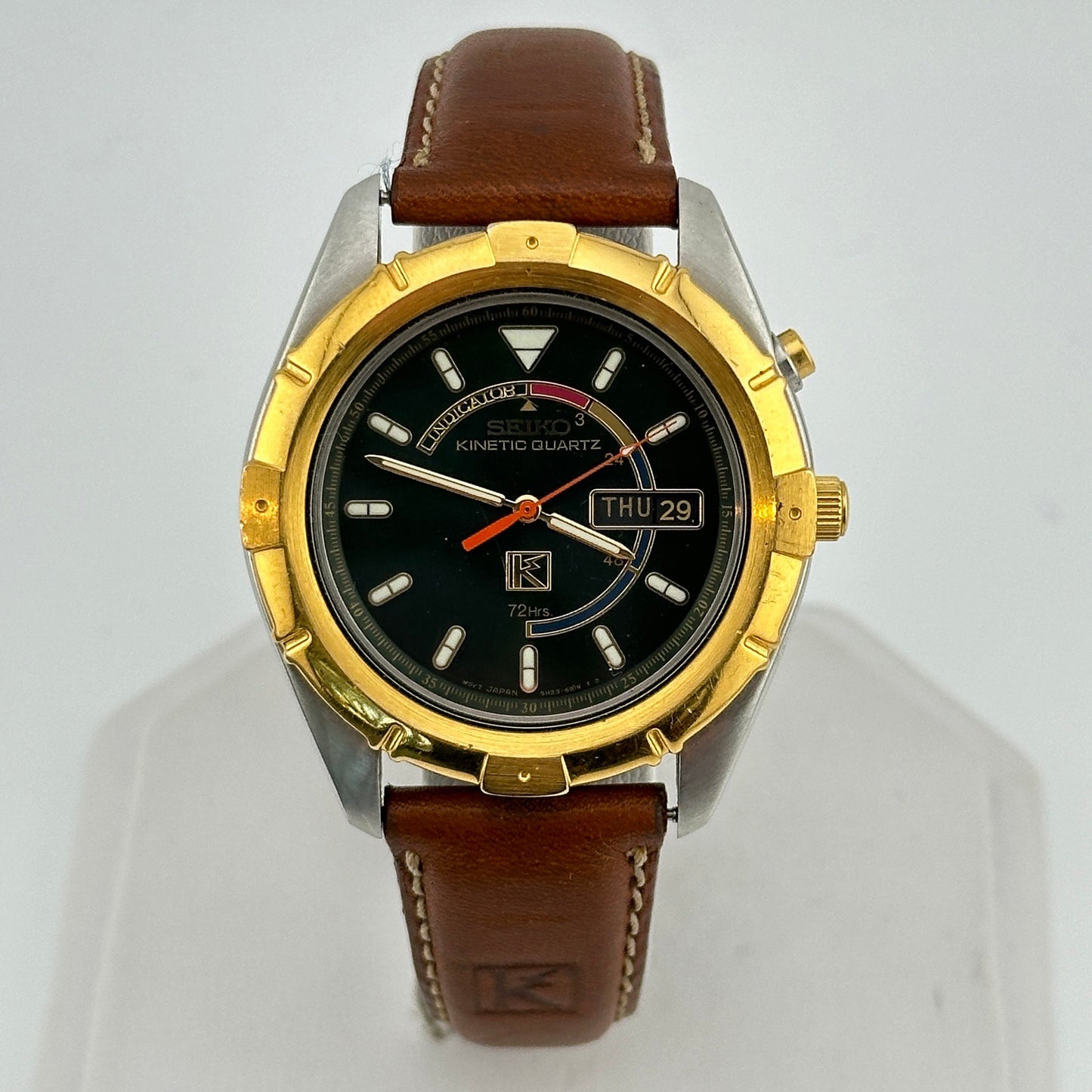 1st Gen Seiko Kinetic Stainless & Gold Trim Watch with Day and Date c.Oct 1994