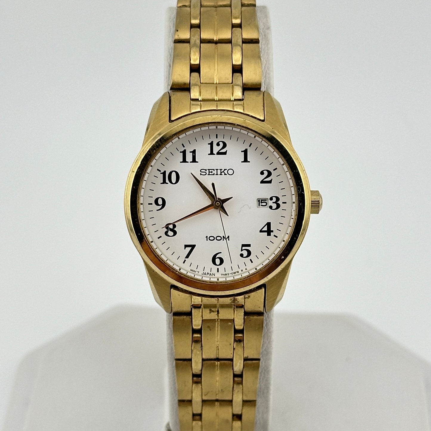 Seiko 100M Gold Tone White Dial Ladies 28mm Quartz Wristwatch c. March 2002