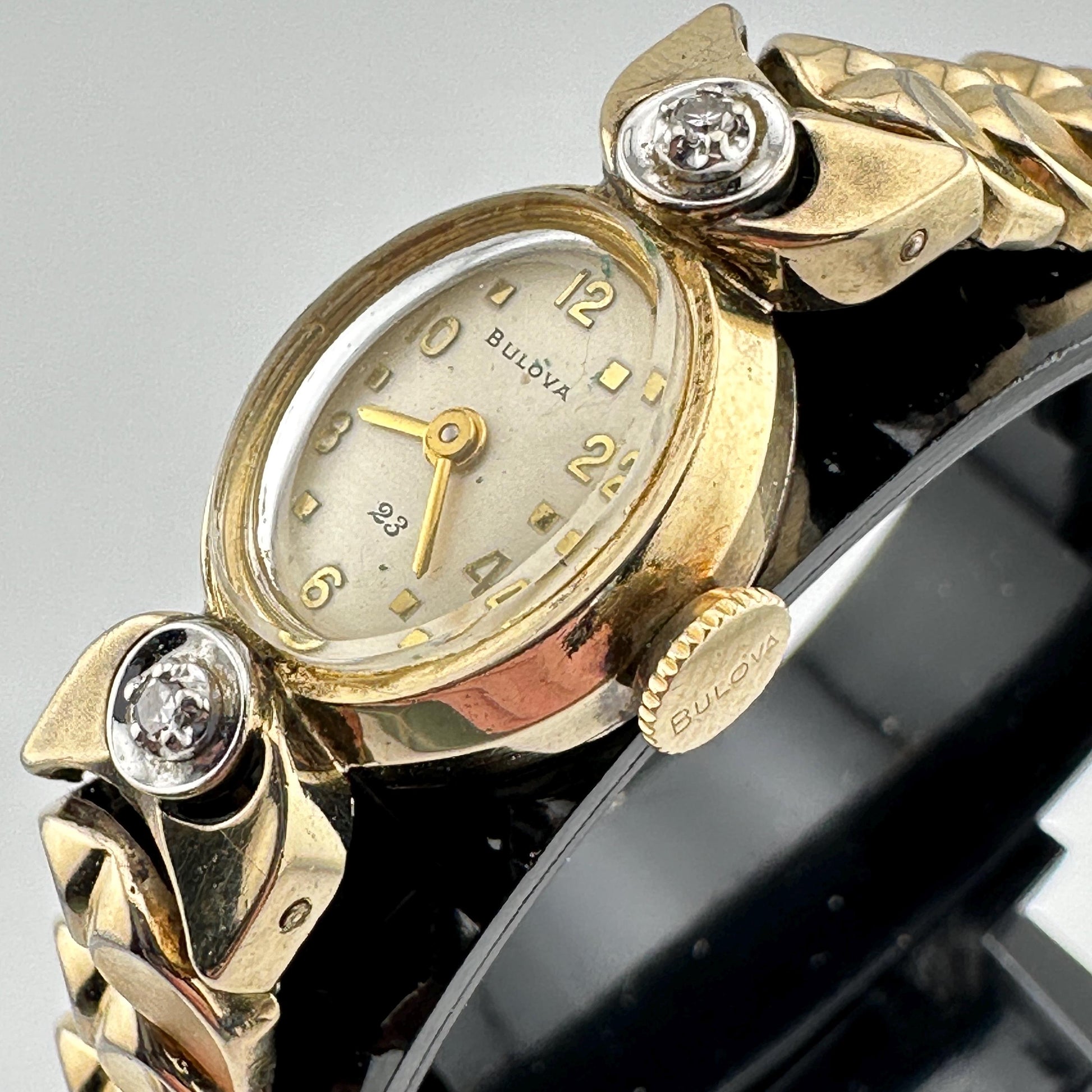 Antique Rhapsody by Bulova Swiss Cocktail 10k Rolled Gold Plate Watch with Diamonds and 23 Jewel Movement