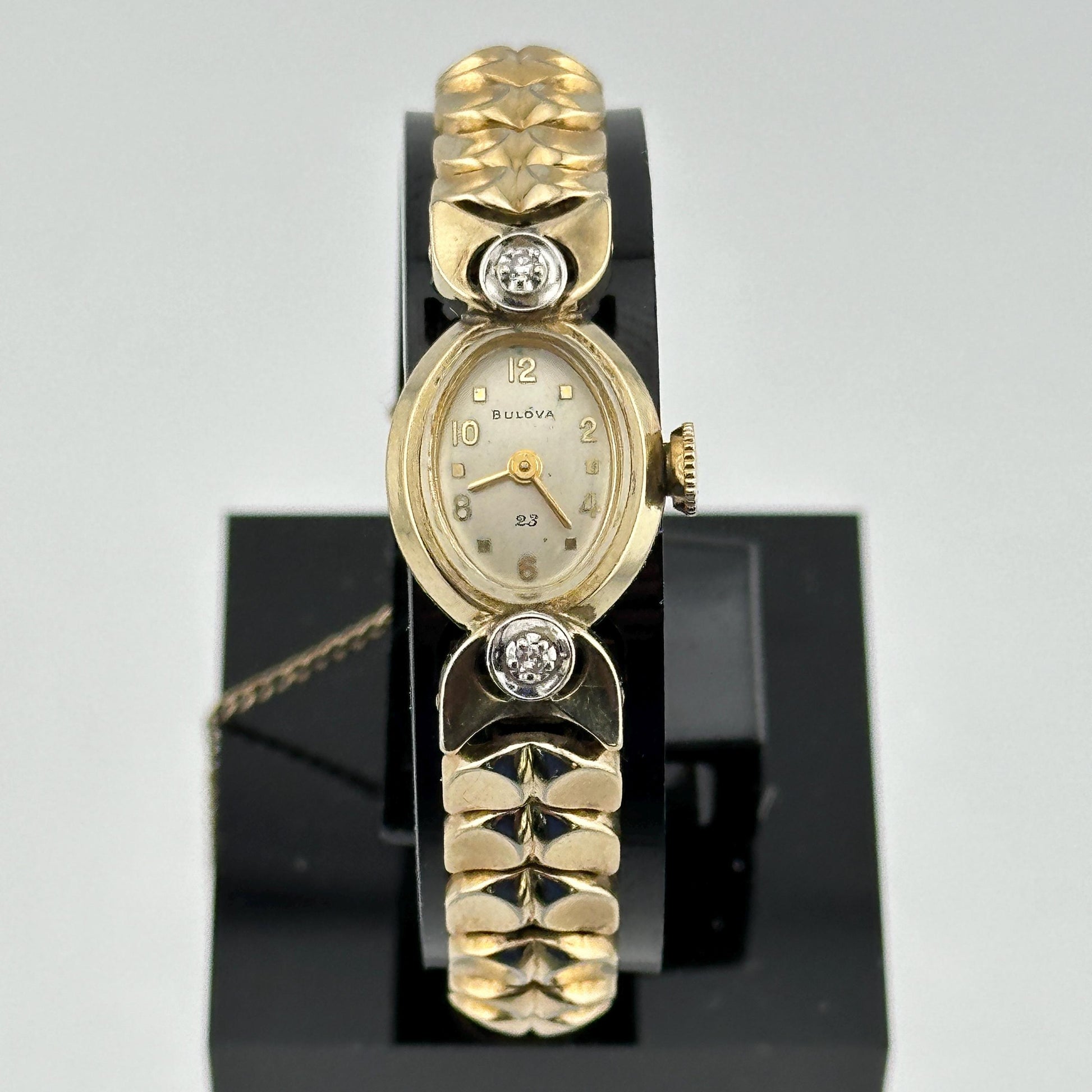 Antique Rhapsody by Bulova Swiss Cocktail 10k Rolled Gold Plate Watch with Diamonds and 23 Jewel Movement