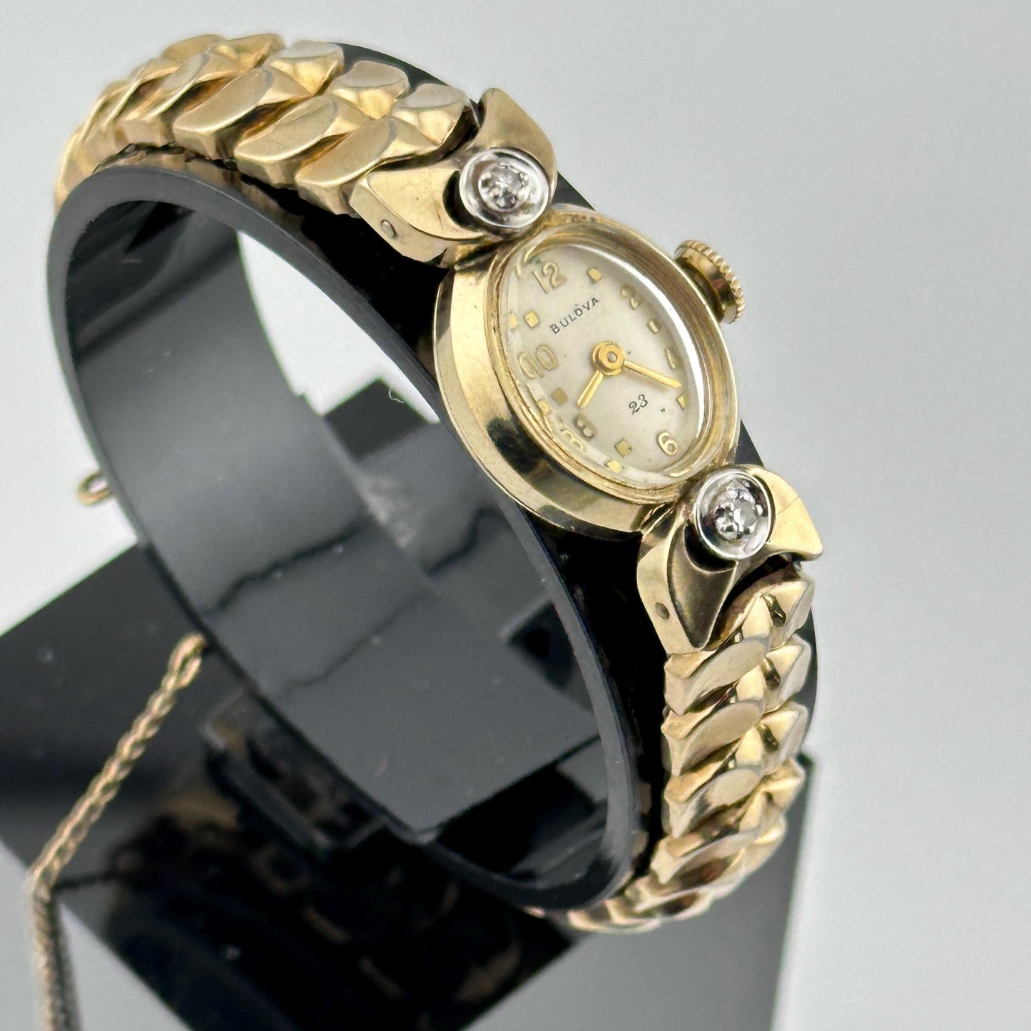 Antique Rhapsody by Bulova Swiss Cocktail 10k Rolled Gold Plate Watch with Diamonds and 23 Jewel Movement