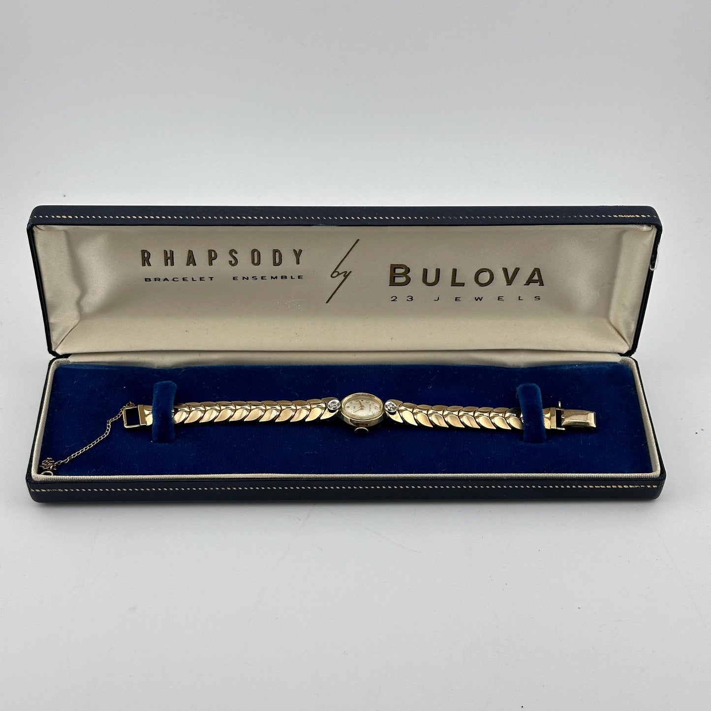 Antique Rhapsody by Bulova Swiss Cocktail 10k Rolled Gold Plate Watch with Diamonds and 23 Jewel Movement