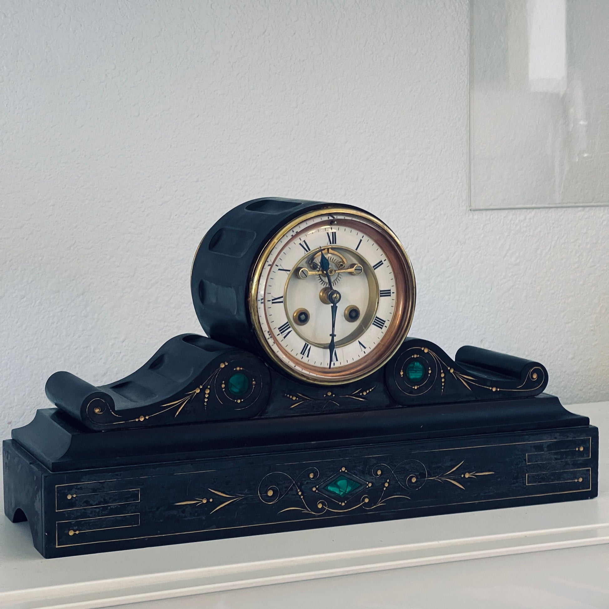 Antique Brocot and Delettrez Style Victorian 8 Day Black Slate Clock by Richard & Cie c.1860