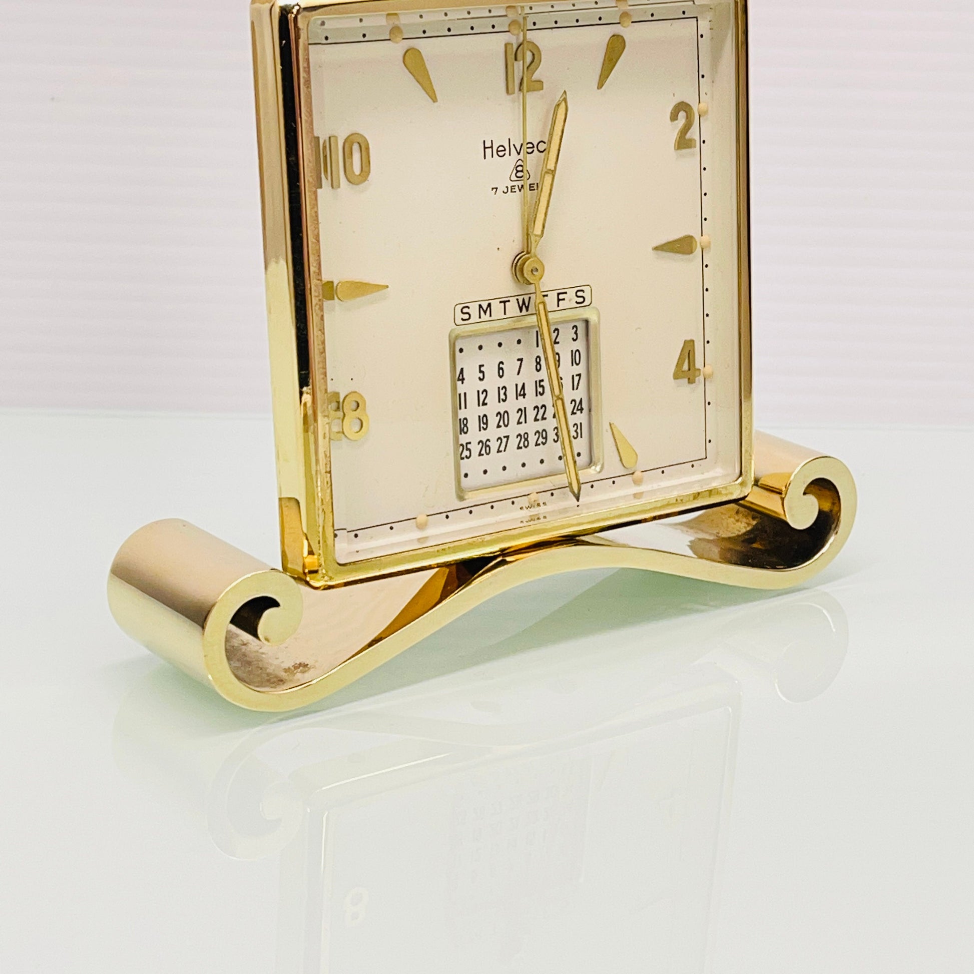 Helveco Gold Plated Swiss 8 Day Calendar Alarm Clock c. 1975