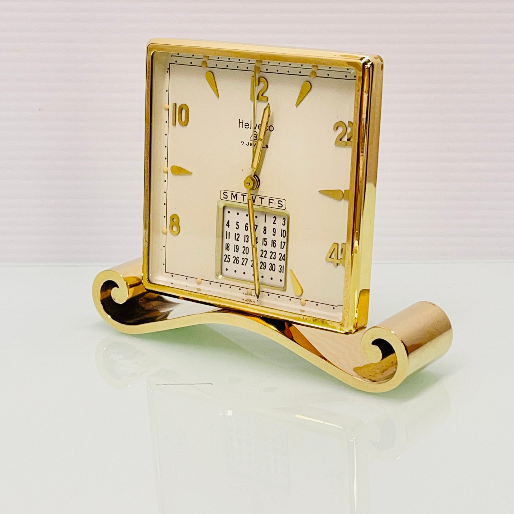 Helveco Gold Plated Swiss 8 Day Calendar Alarm Clock c. 1975