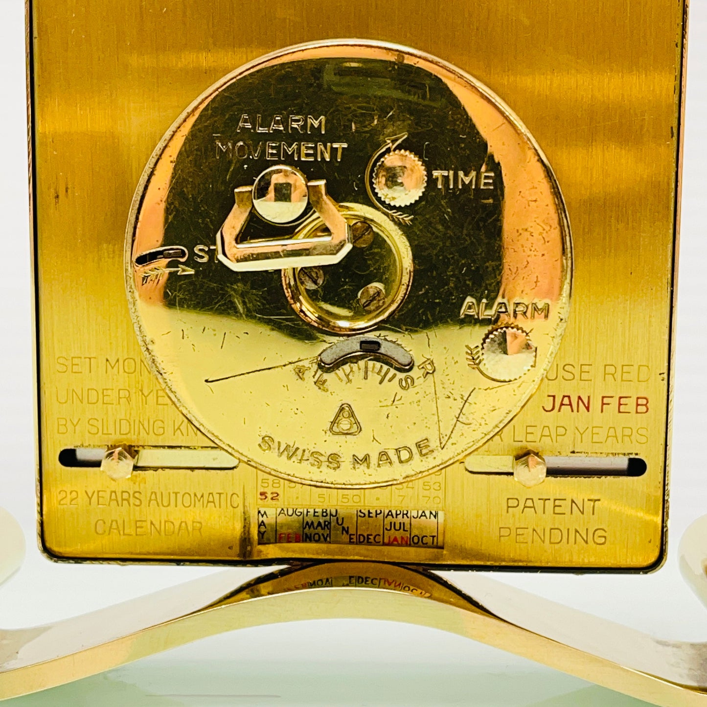 Helveco Gold Plated Swiss 8 Day Calendar Alarm Clock c. 1975