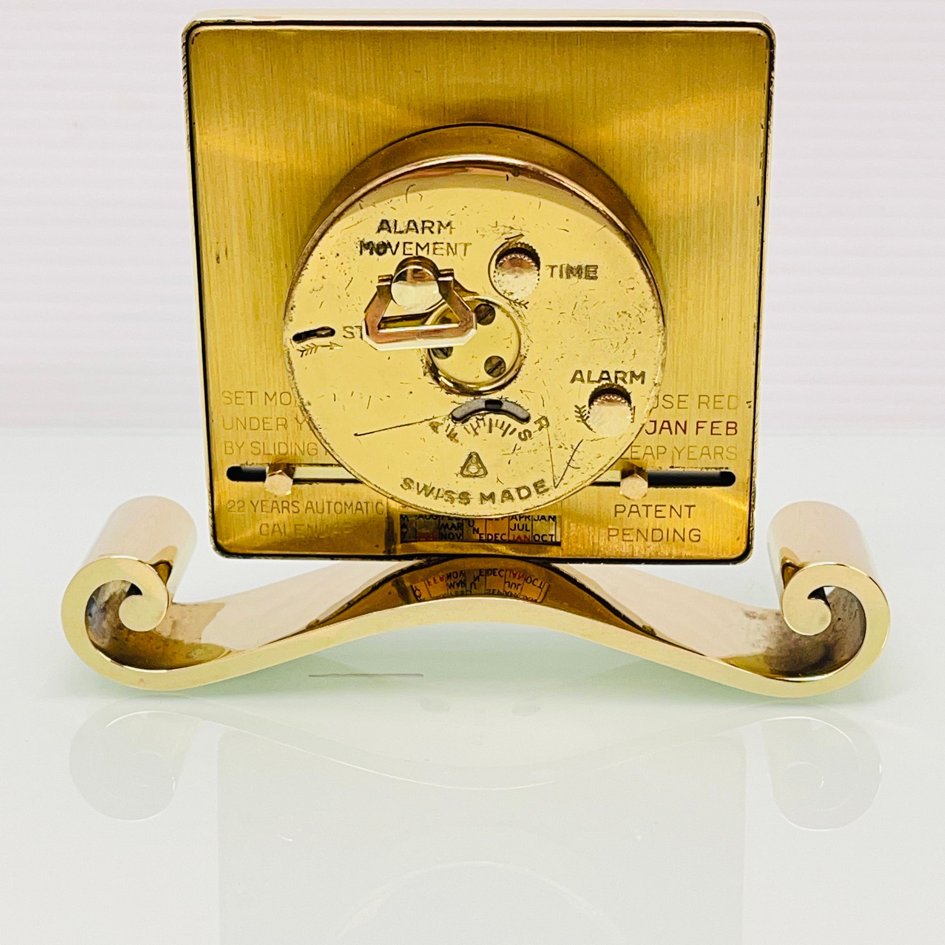 Helveco Gold Plated Swiss 8 Day Calendar Alarm Clock c. 1975