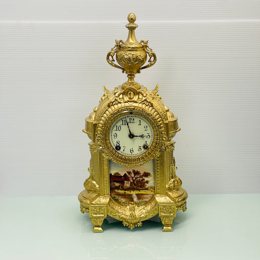 Ansonia Ormolu and Royal Bonn German Hand-painted Ceramic Mantel Clock, Late 19th Century