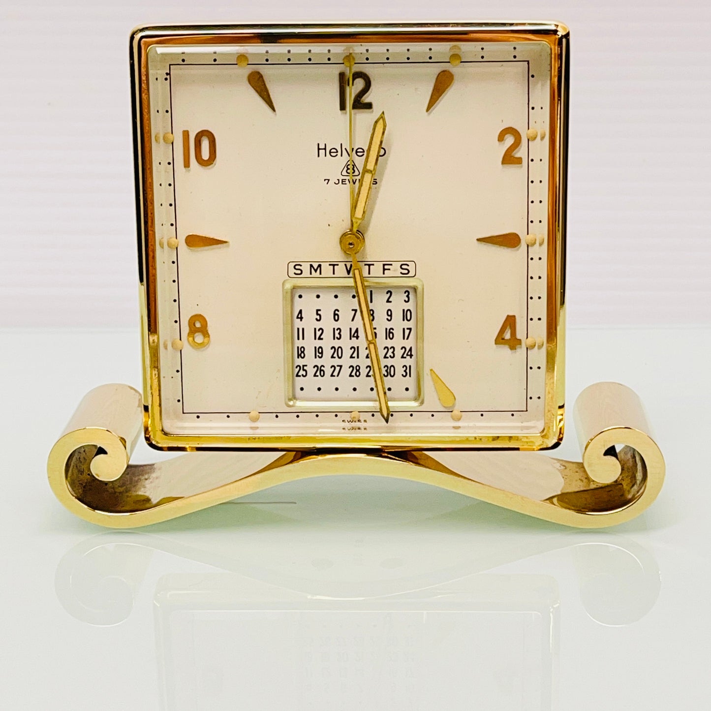 Helveco Gold Plated Swiss 8 Day Calendar Alarm Clock c. 1975