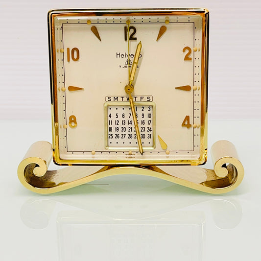 Helveco Gold Plated Swiss 8 Day Calendar Alarm Clock c. 1975