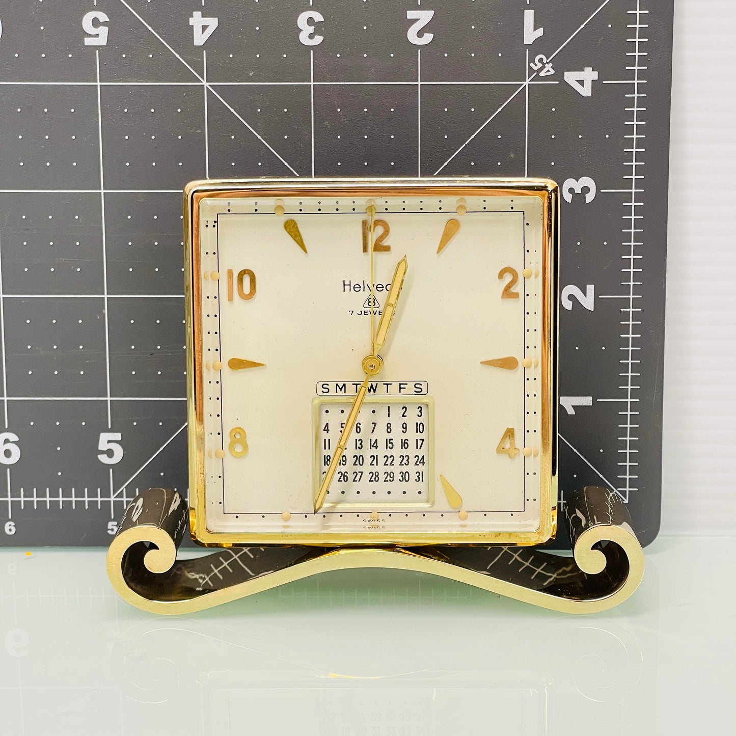 Helveco Gold Plated Swiss 8 Day Calendar Alarm Clock c. 1975