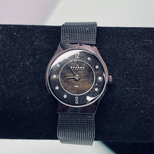 SKAGEN Black Steel Mesh Watch with black mother of pearl face