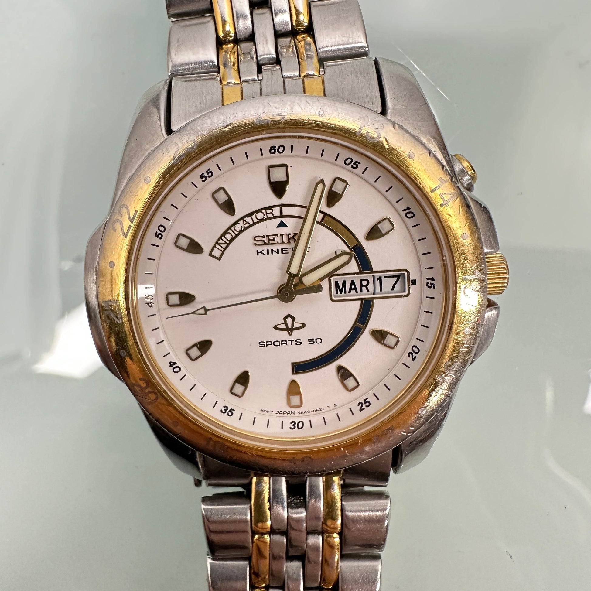 Seiko Kinetic Sports Steel & Gold Trim Watch with Day and Date