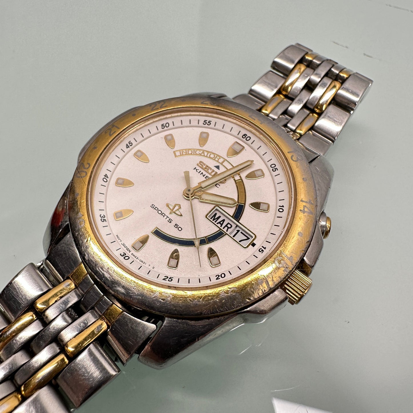 Seiko Kinetic Sports Steel & Gold Trim Watch with Day and Date