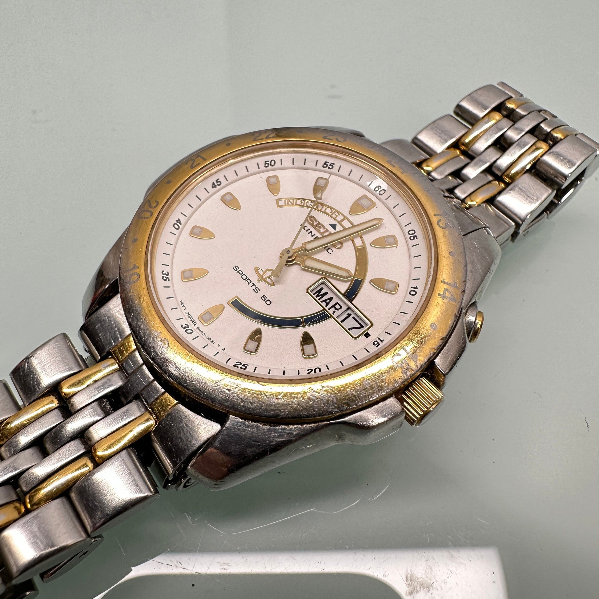 Seiko Kinetic Sports Steel & Gold Trim Watch with Day and Date