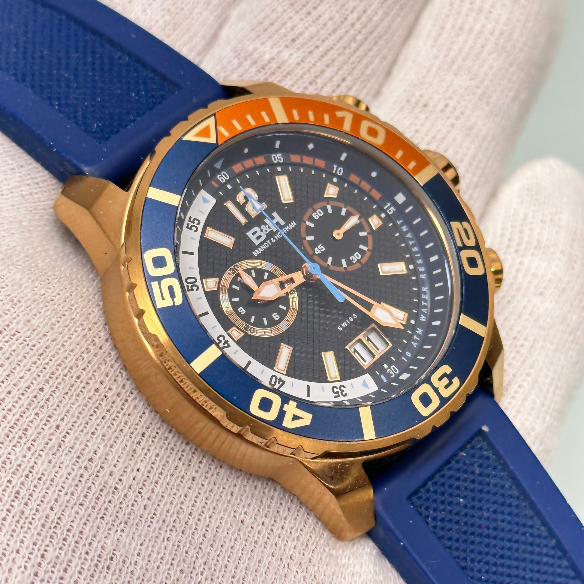 Brandt & Hoffman Bayliss Mens Gold Trim Dive Watch w/ Blue Silicone Strap and Pepsi Bezel