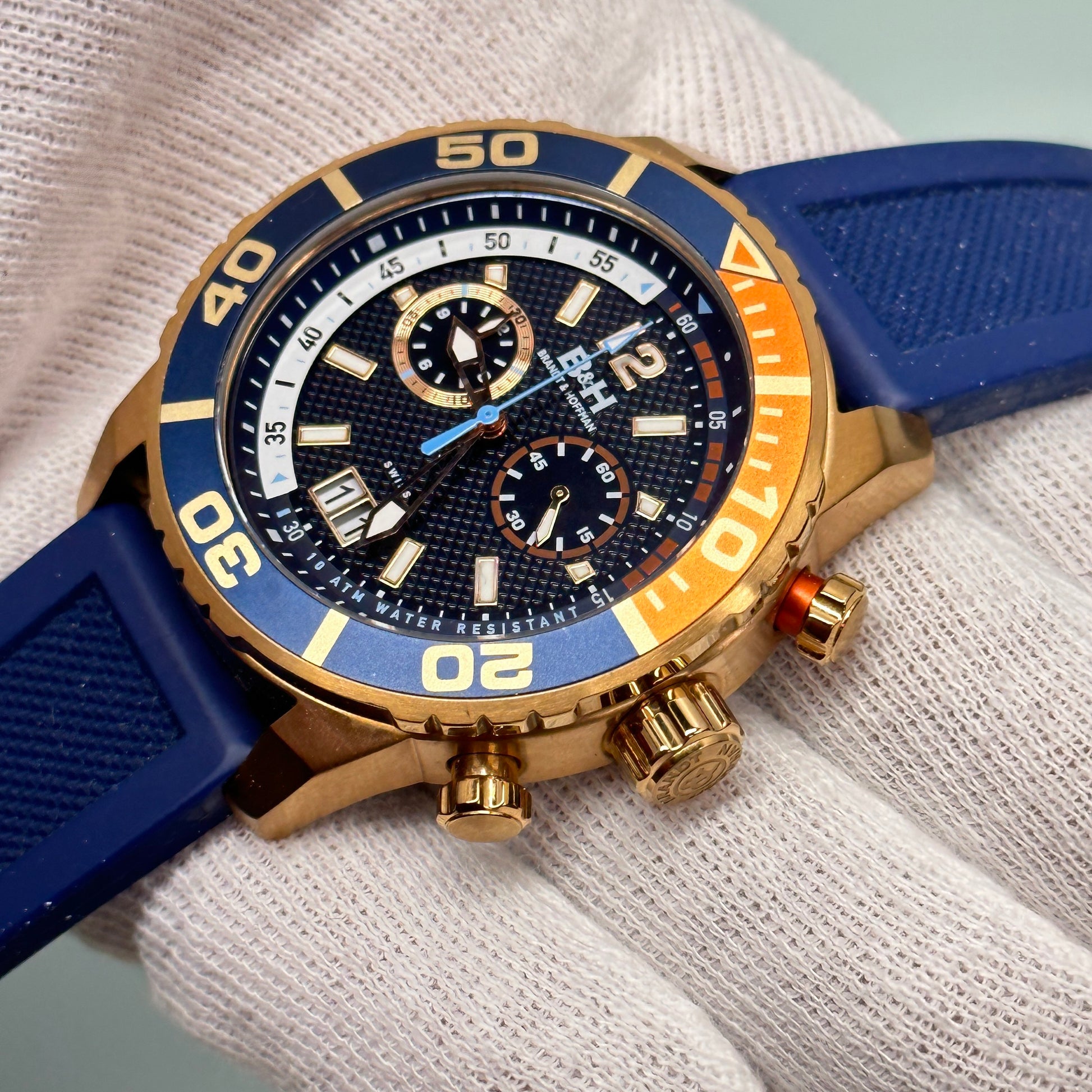 Brandt & Hoffman Bayliss Mens Gold Trim Dive Watch w/ Blue Silicone Strap and Pepsi Bezel