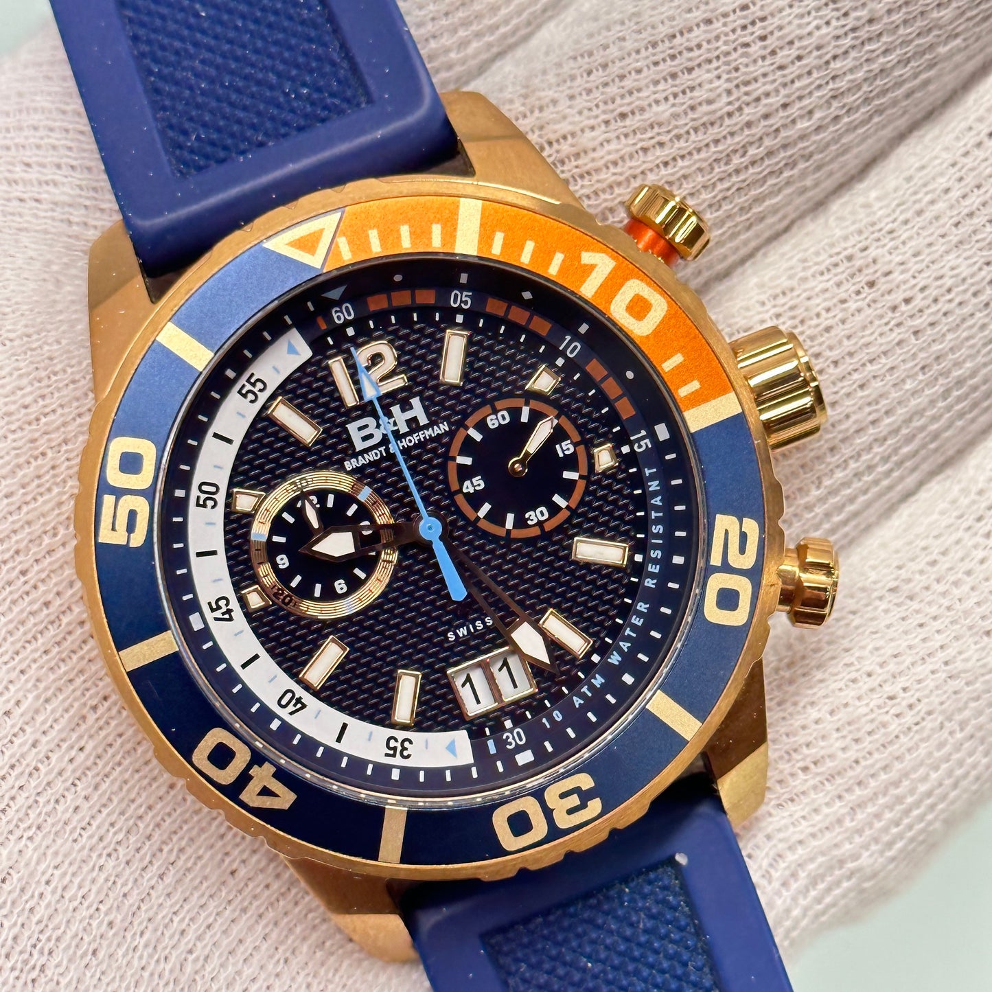 Brandt & Hoffman Bayliss Mens Gold Trim Dive Watch w/ Blue Silicone Strap and Pepsi Bezel